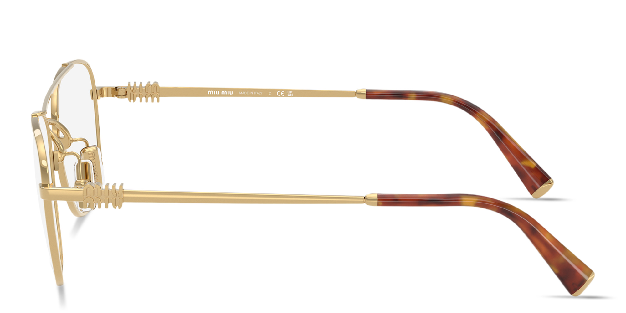 Shop MIU MIU Vertical Logo Square Eyeglasses in Gold online.