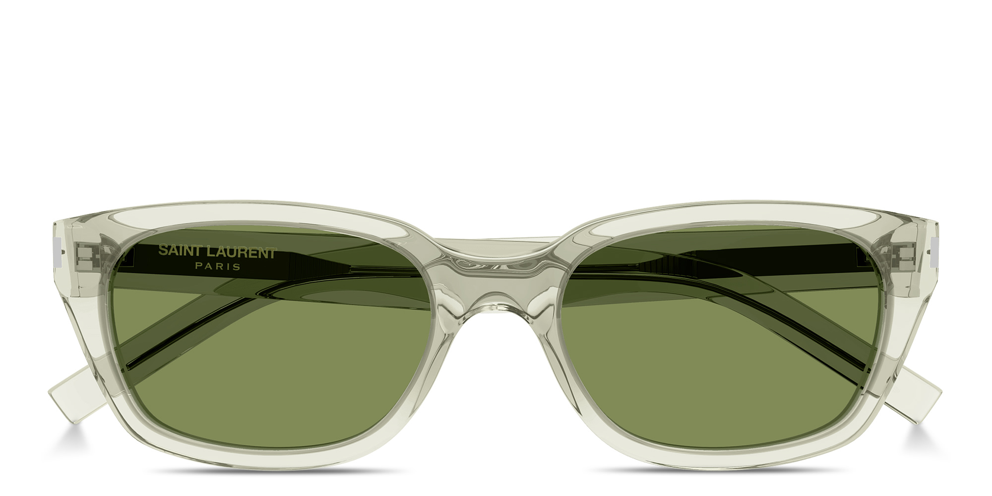 Shop SAINT LAURENT Lettering Unisex Rectangle Sunglasses in Transparent Green online.