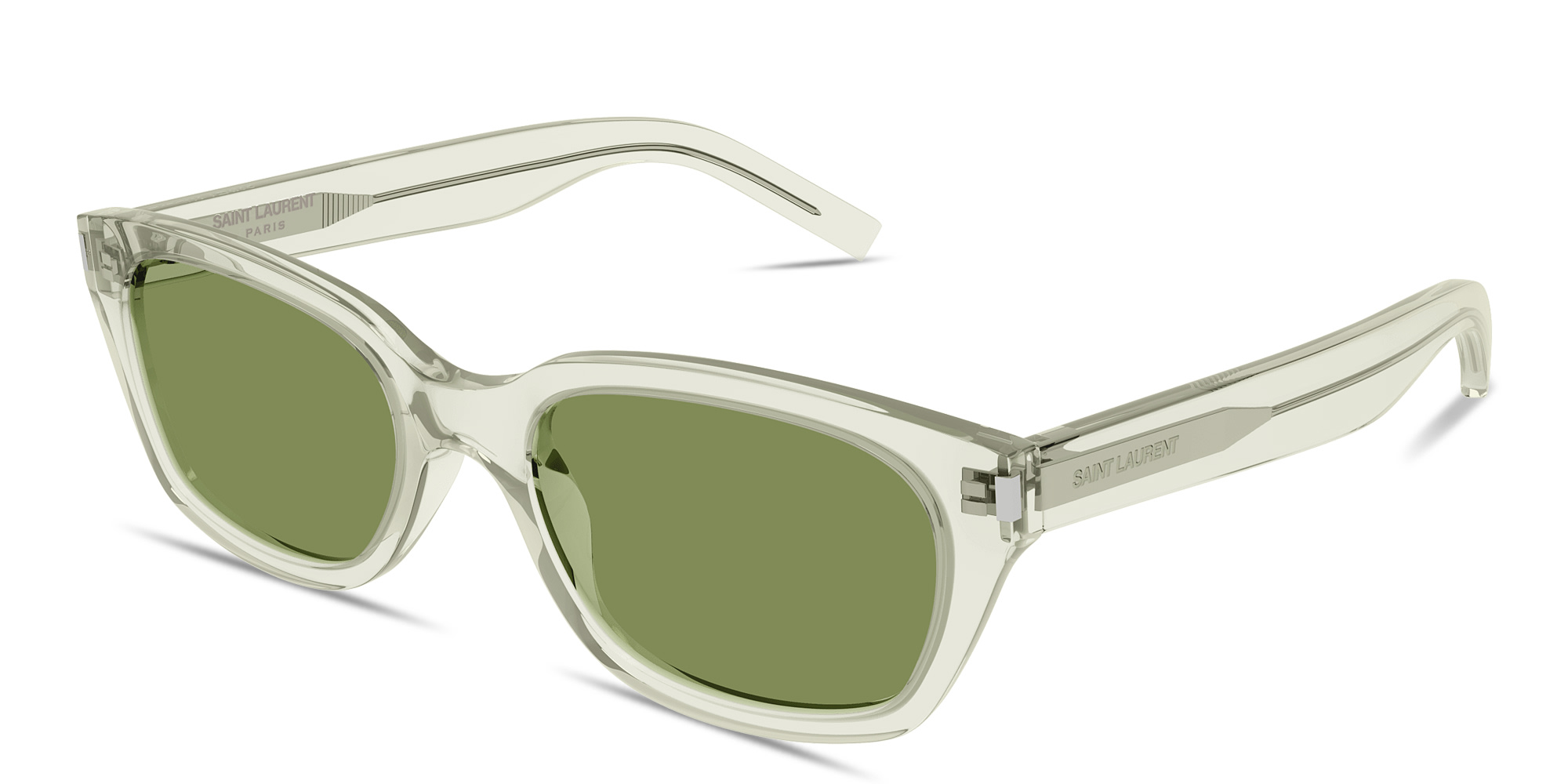 Shop SAINT LAURENT Lettering Unisex Rectangle Sunglasses in Transparent Green online.