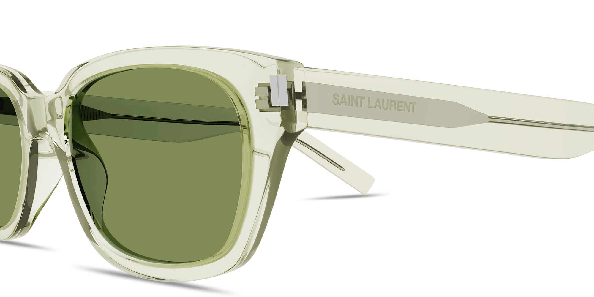 Shop SAINT LAURENT Lettering Unisex Rectangle Sunglasses in Transparent Green online.