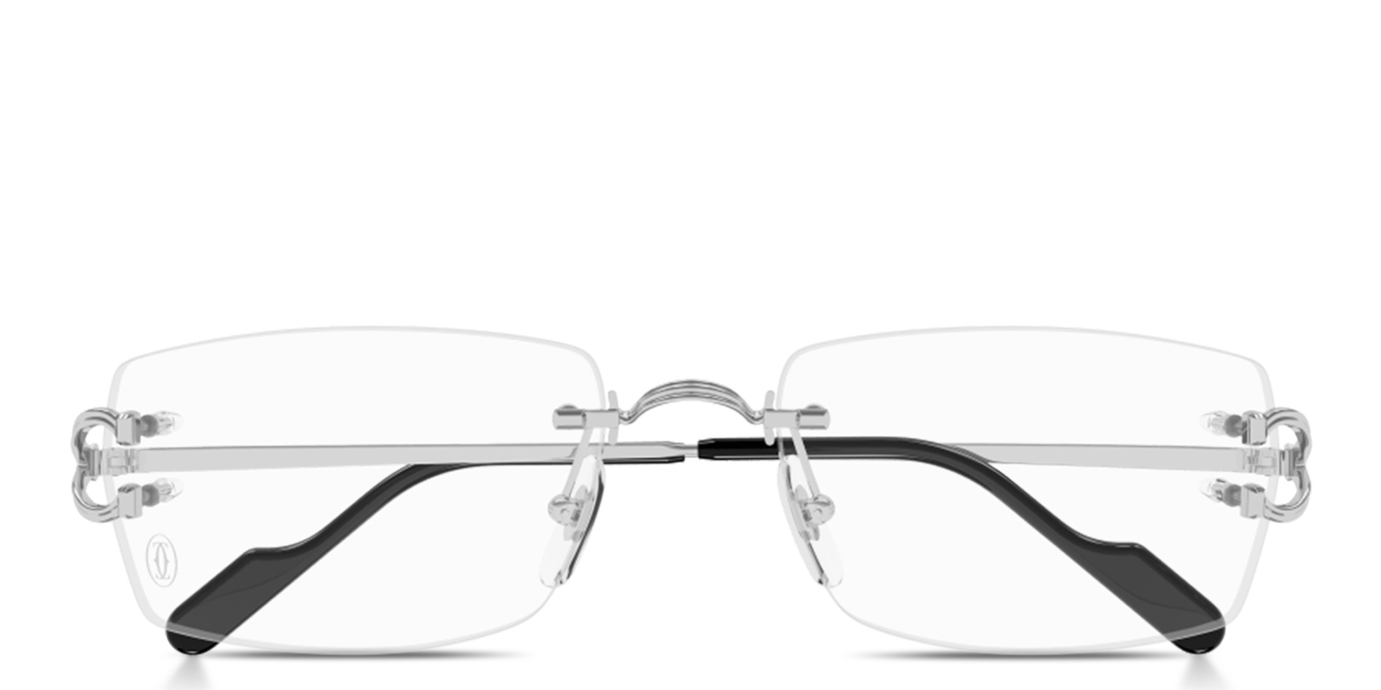 Shop Cartier Signature C de Cartier Wide Rimless Rectangle Eyeglasses in Silver online.