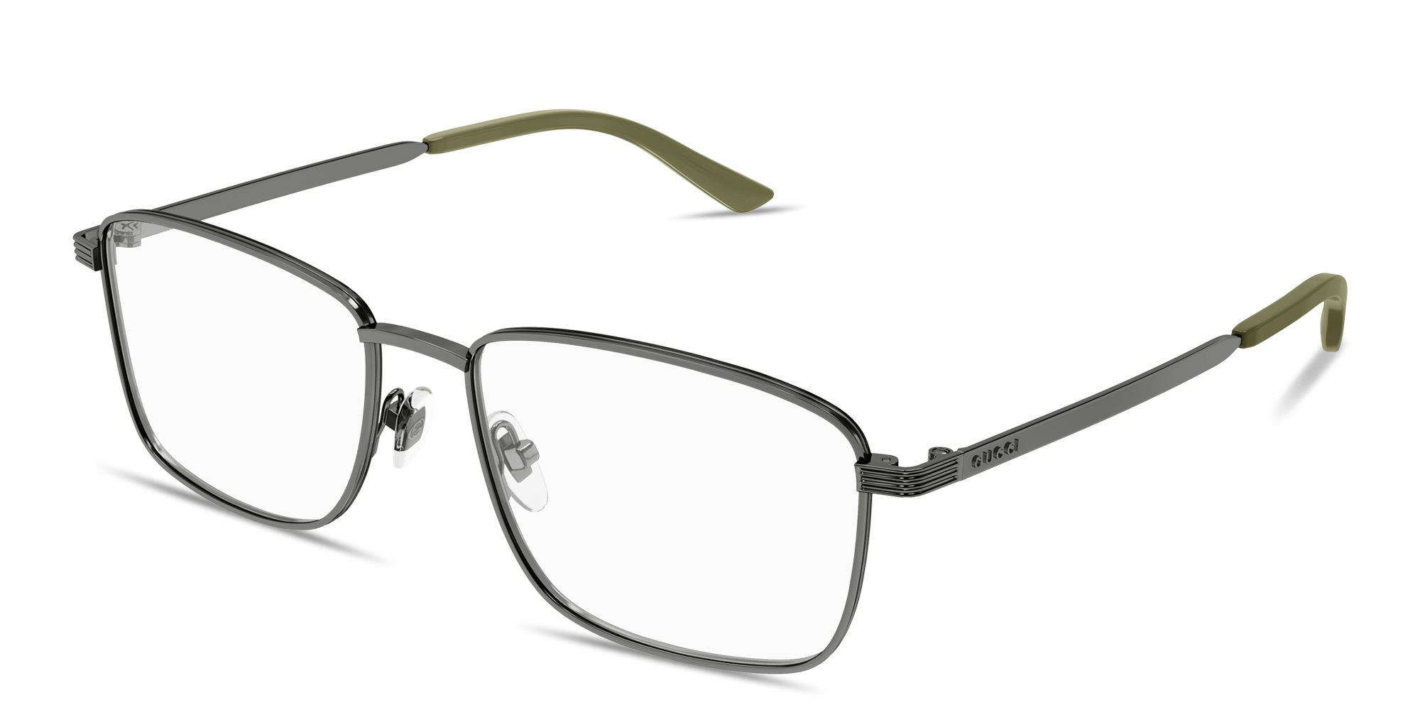 Shop GUCCI Embossed Logo Signature Rectangle Eyeglasses in Ruthenium online.