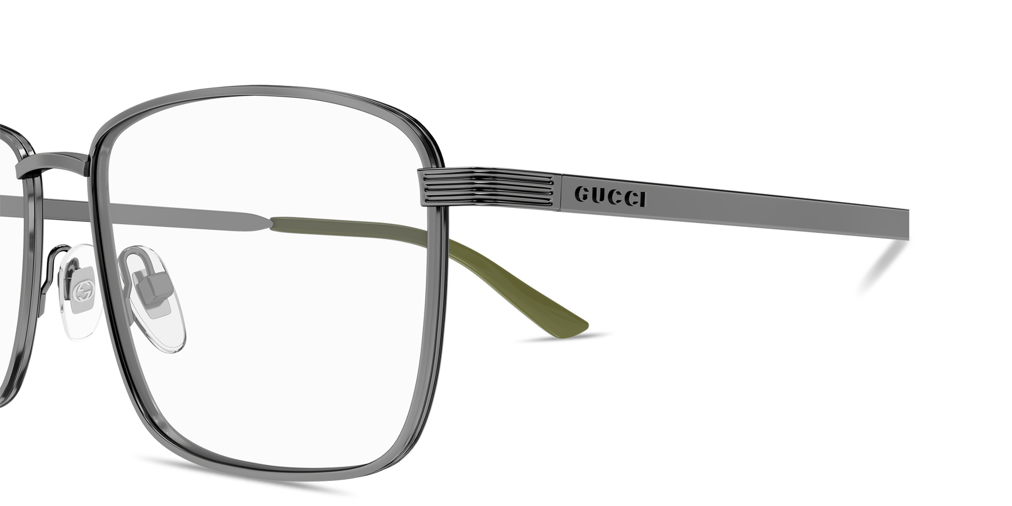 Shop GUCCI Embossed Logo Signature Rectangle Eyeglasses in Ruthenium online.