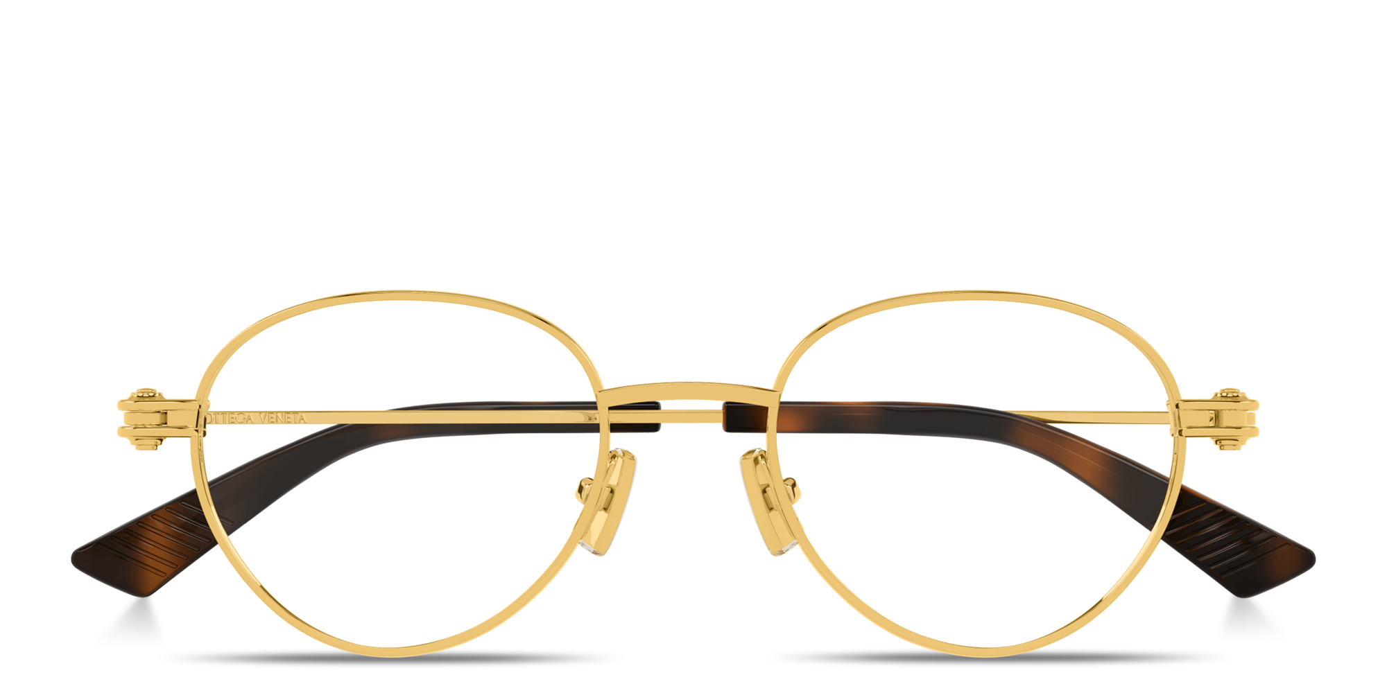 Shop BOTTEGA VENETA Engraved Logo Unisex Panthos Eyeglasses in Gold online.