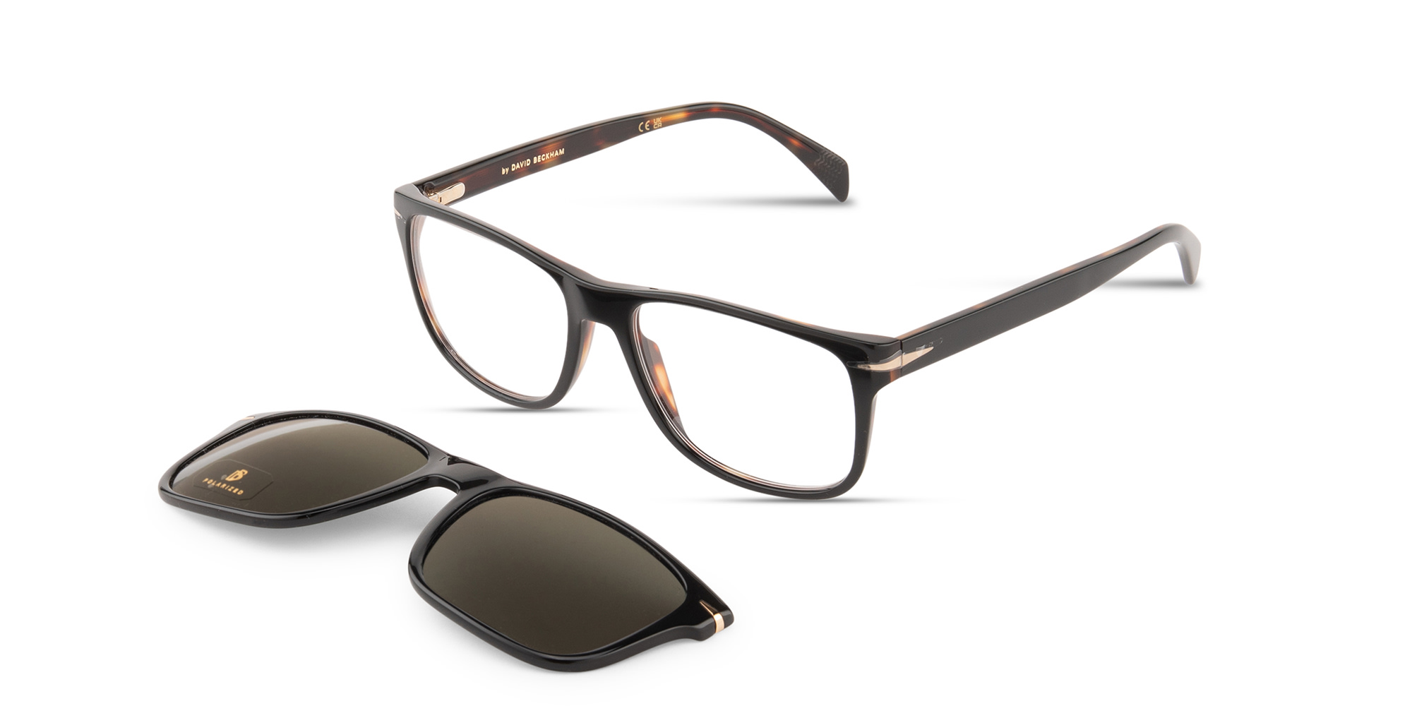 Shop DAVID BECKHAM Clip-On Wide Rectangle Eyeglasses in Black Havana online.