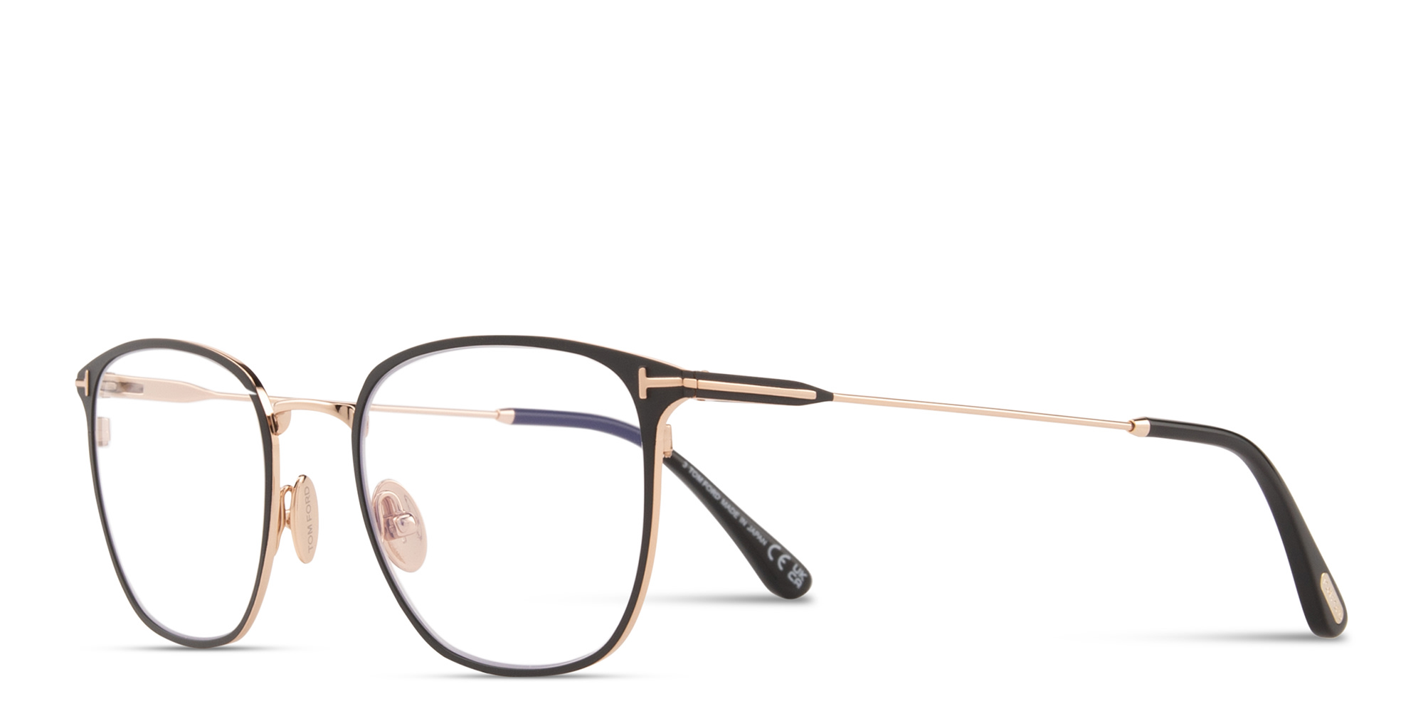 Shop TOM FORD T Logo Square Eyeglasses in Black On Gold online.