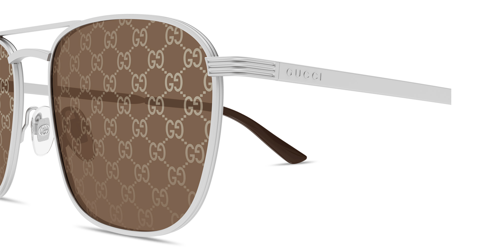 Shop GUCCI Engraved Logo Square Sunglasses in Silver online.