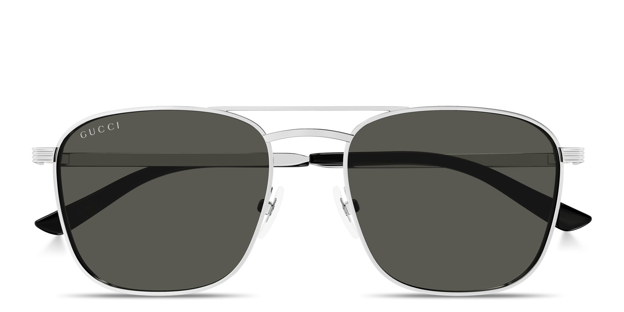 Shop GUCCI Engraved Logo Square Sunglasses in Silver online.