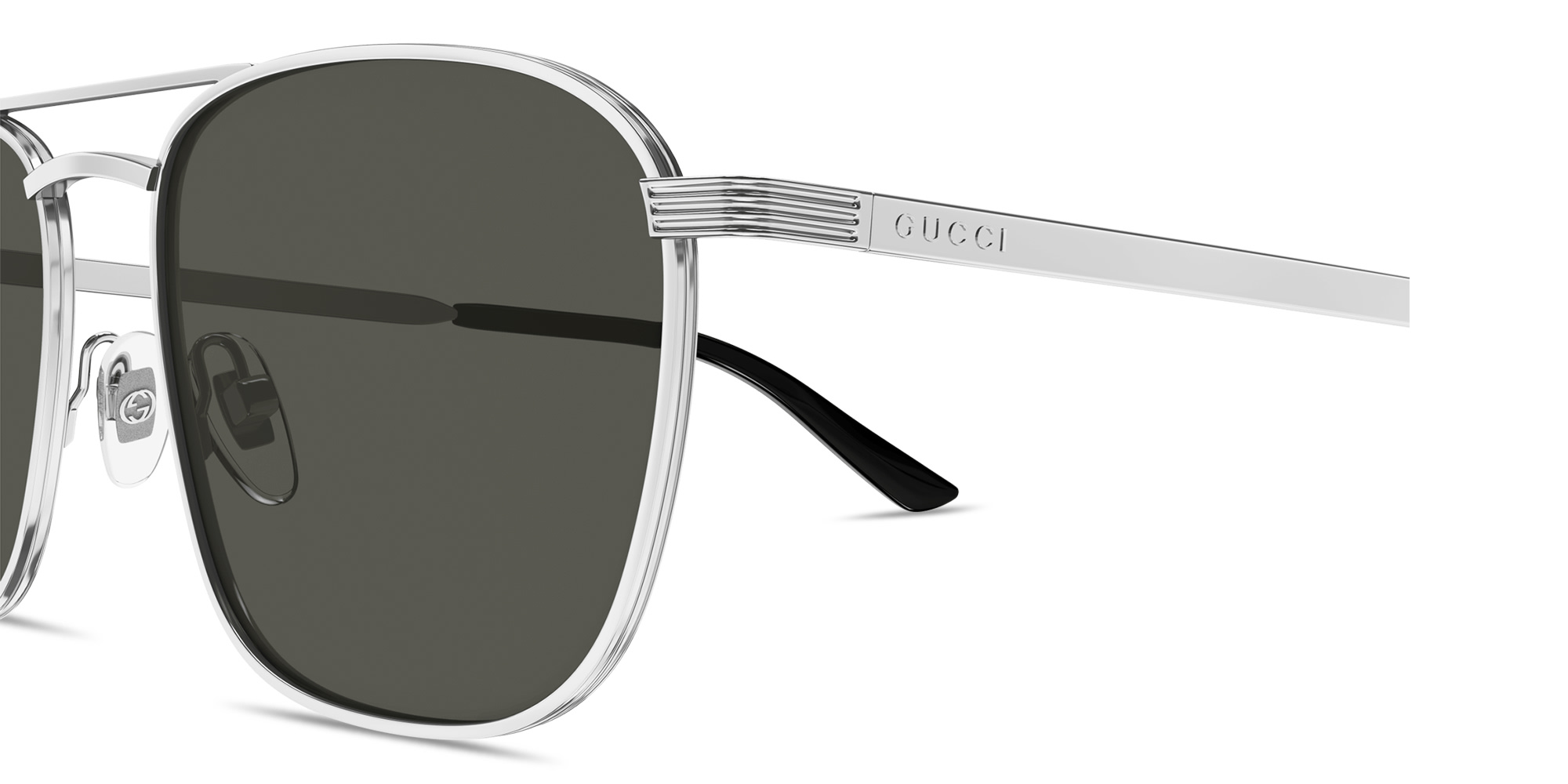 Shop GUCCI Engraved Logo Square Sunglasses in Silver online.