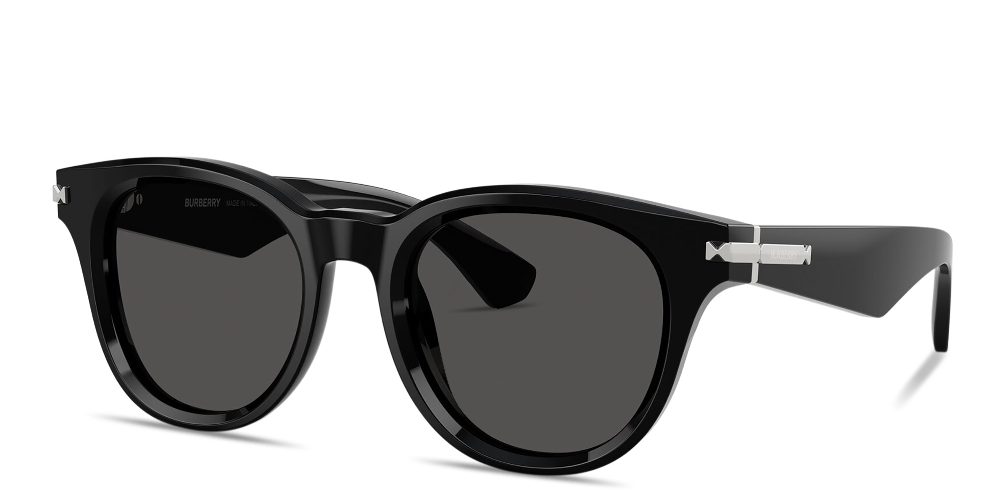 Shop BURBERRY Engraved Logo Round Sunglasses in Black online.