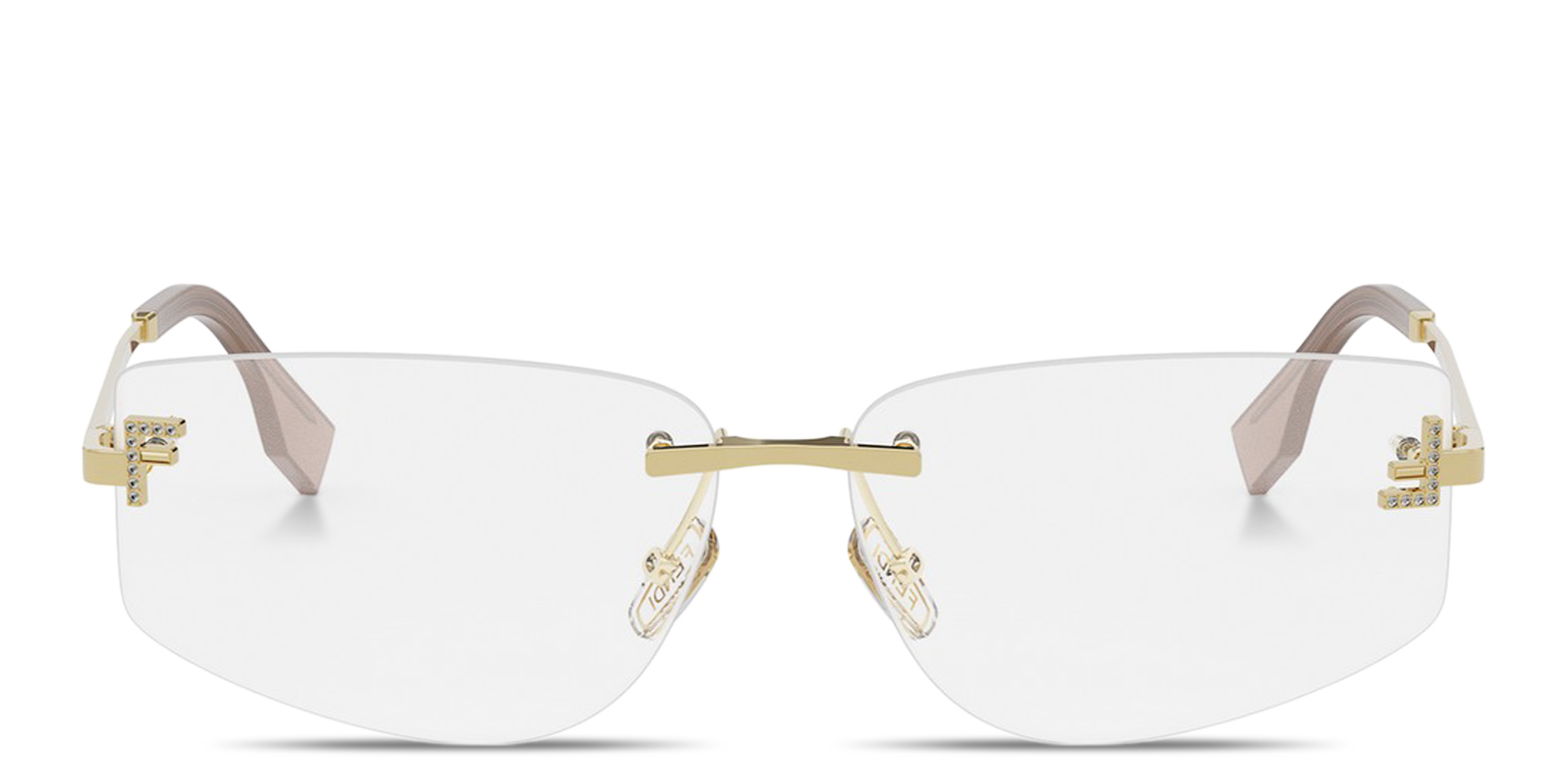 Shop FENDI Fendi First Crystal Rimless Wide Irregular Eyeglasses in Gold online.