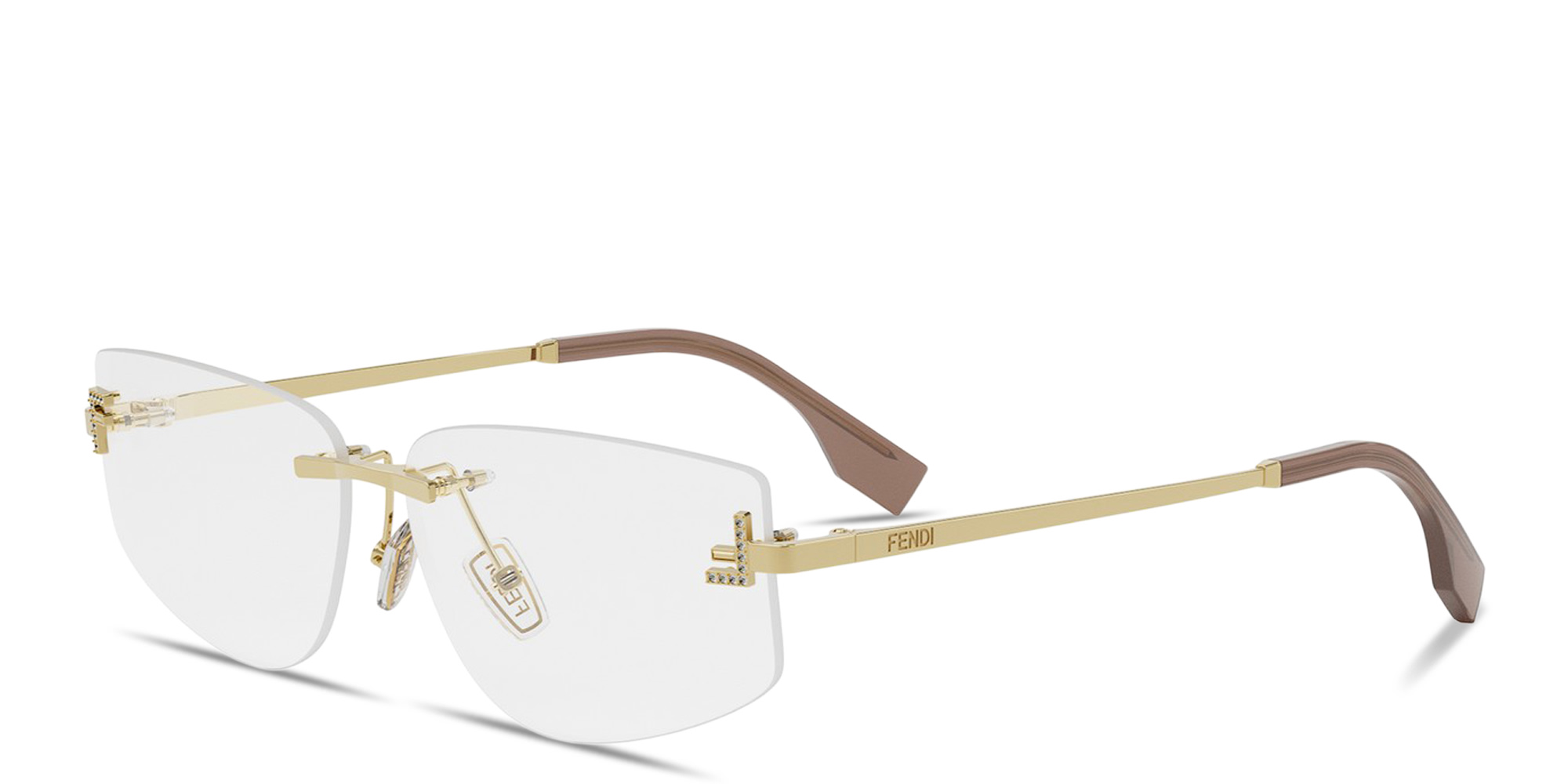 Shop FENDI Fendi First Crystal Rimless Wide Irregular Eyeglasses in Gold online.
