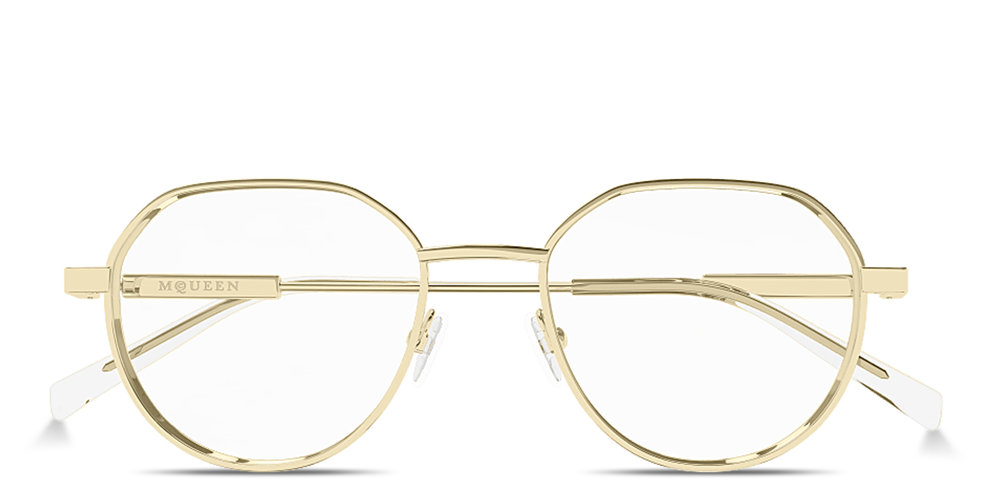 Shop Alexander McQueen Engraved Logo Unisex Panthos Eyeglasses in Gold online.