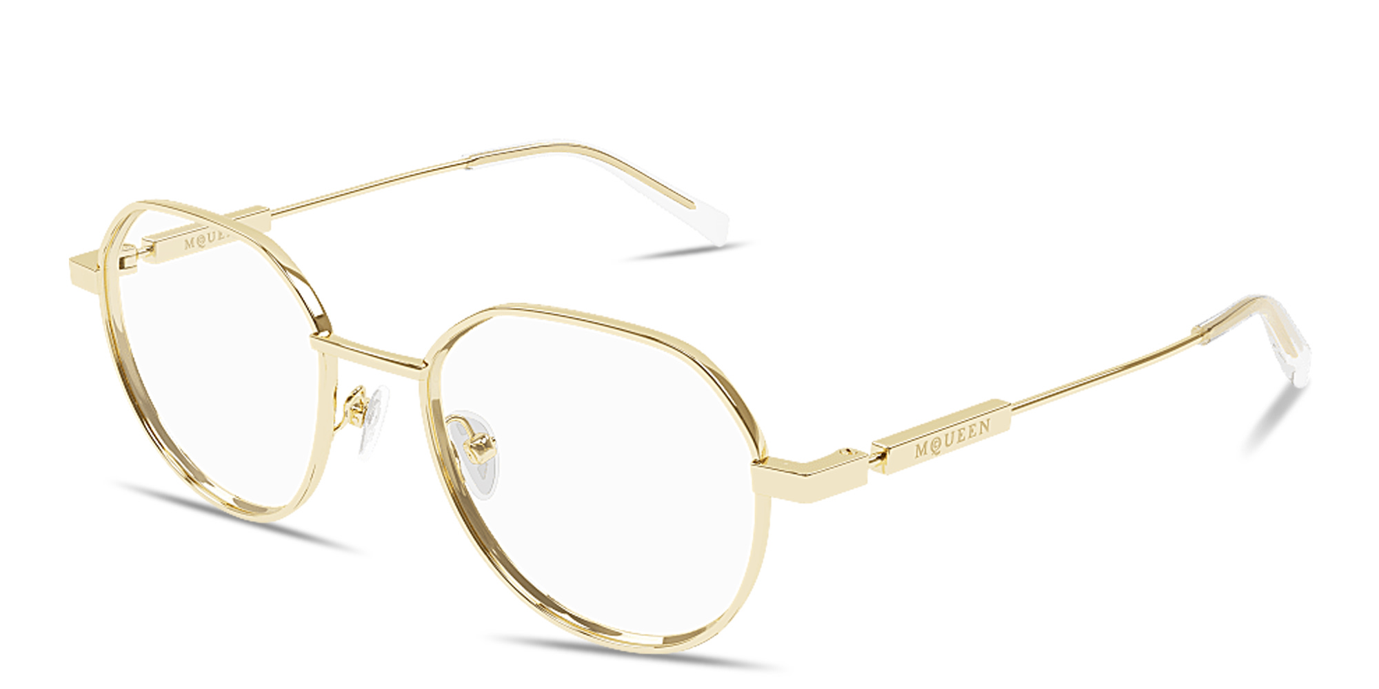 Shop Alexander McQueen Engraved Logo Unisex Panthos Eyeglasses in Gold online.