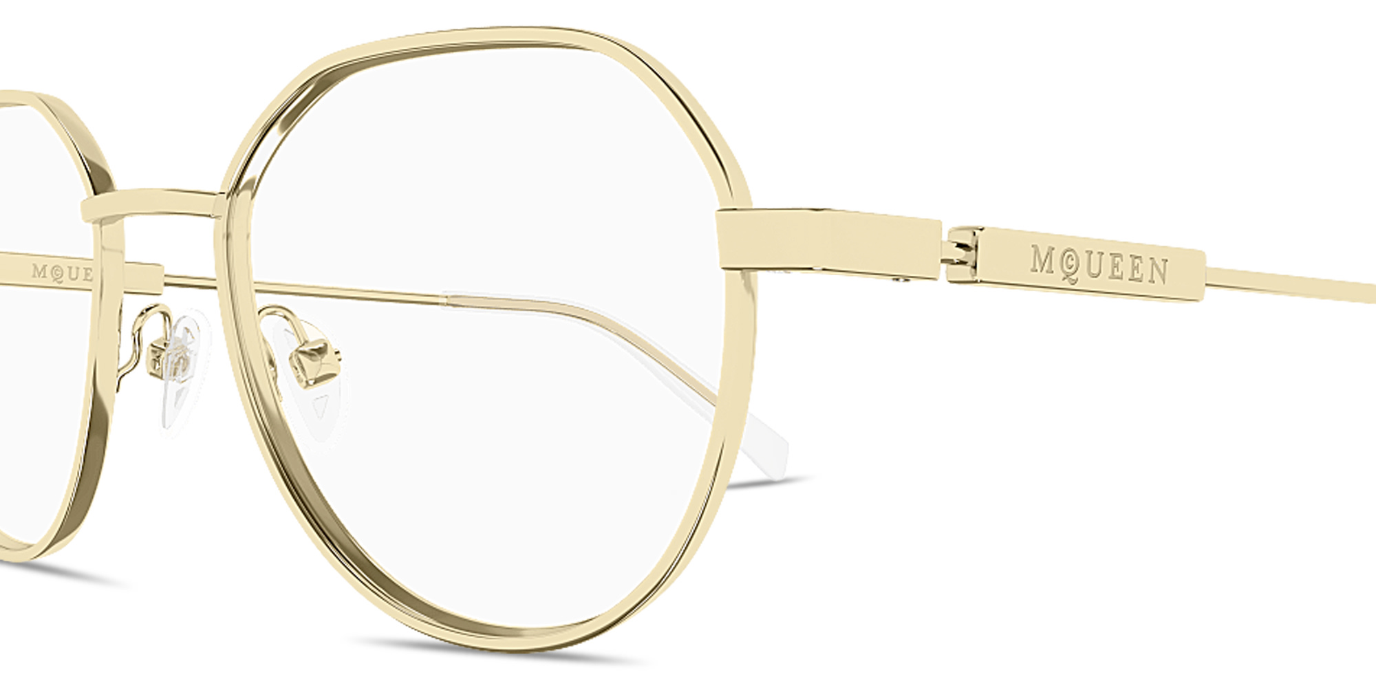 Shop Alexander McQueen Engraved Logo Unisex Panthos Eyeglasses in Gold online.
