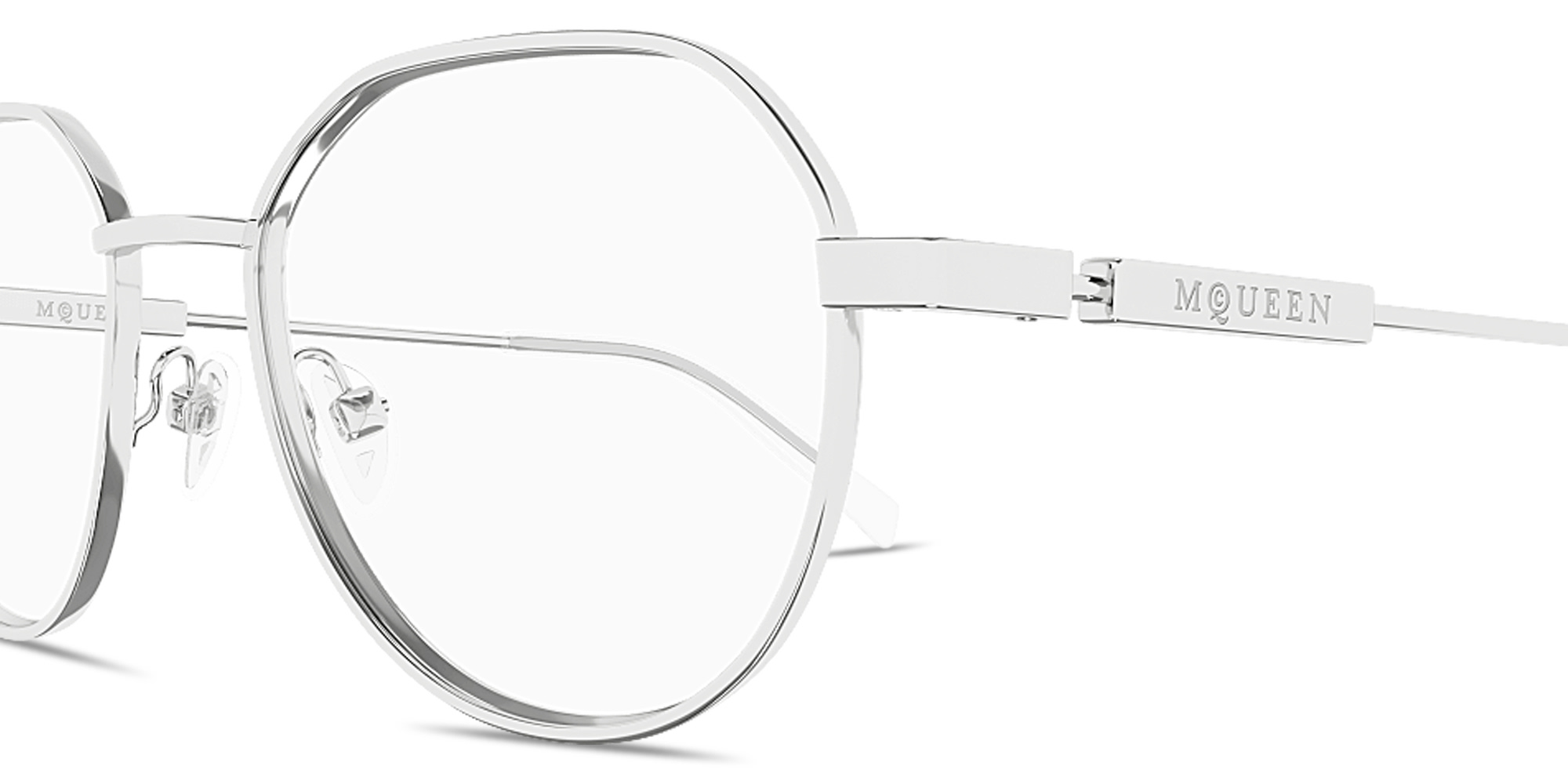 Shop Alexander McQueen Engraved Logo Unisex Panthos Eyeglasses in Silver online.
