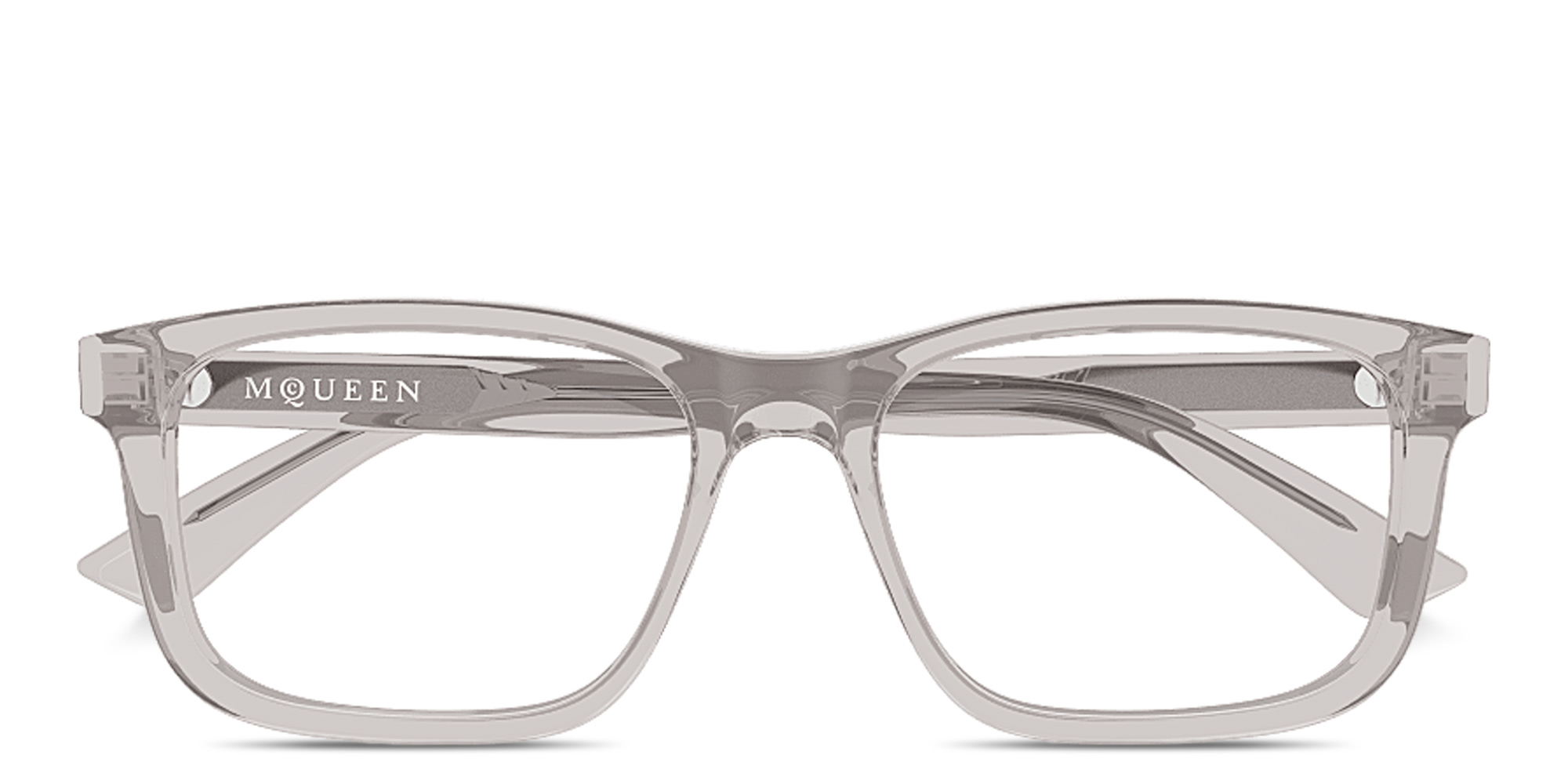 Shop Alexander McQueen Logo Signature Rectangle Eyeglasses in Transparent Grey online.
