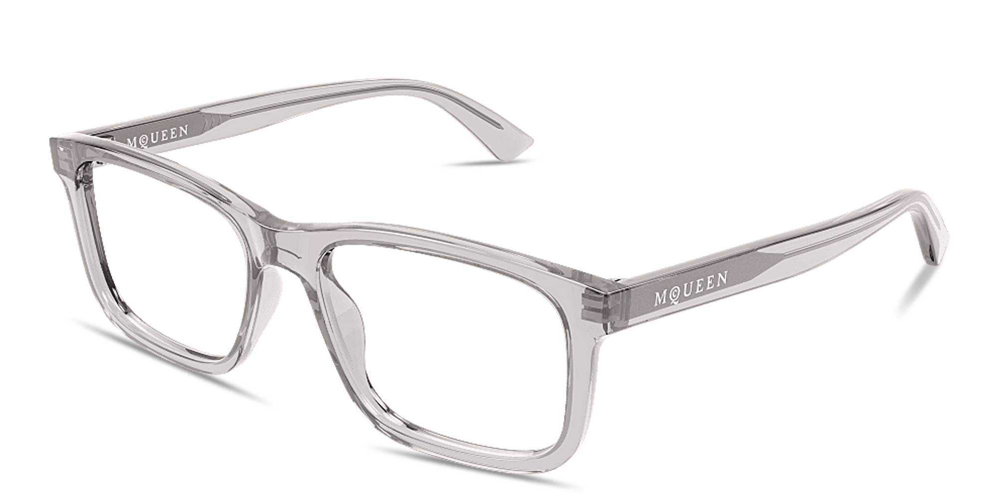 Shop Alexander McQueen Logo Signature Rectangle Eyeglasses in Transparent Grey online.