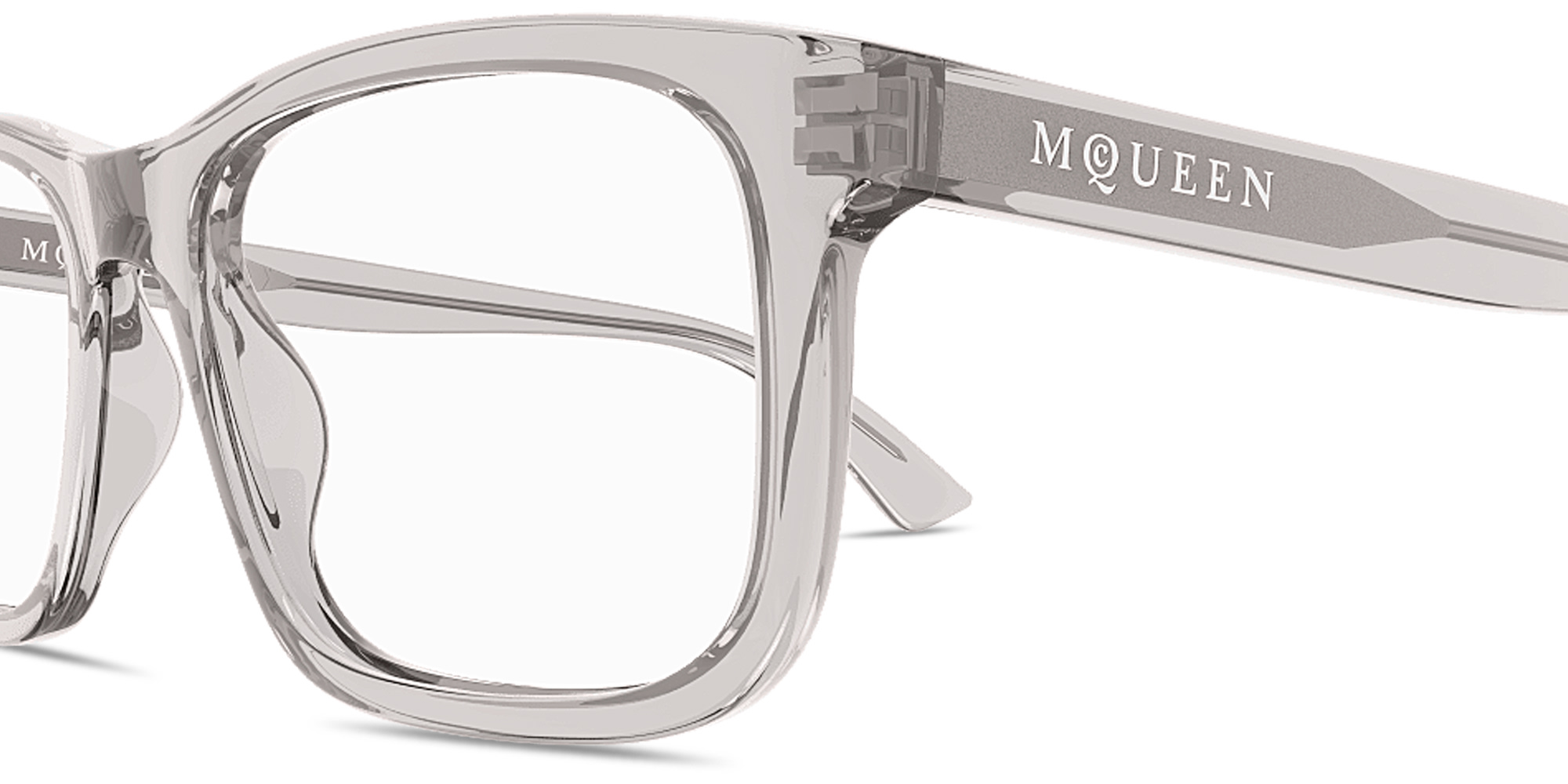 Shop Alexander McQueen Logo Signature Rectangle Eyeglasses in Transparent Grey online.