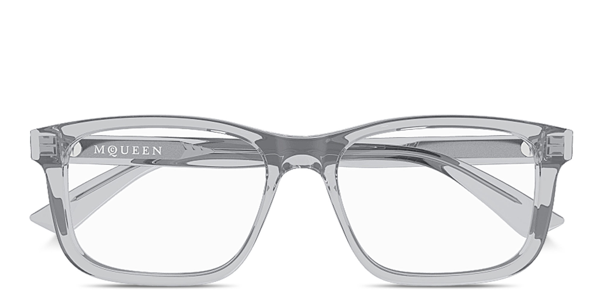 Shop Alexander McQueen Logo Signature Rectangle Eyeglasses in Transparent Light Blue online.