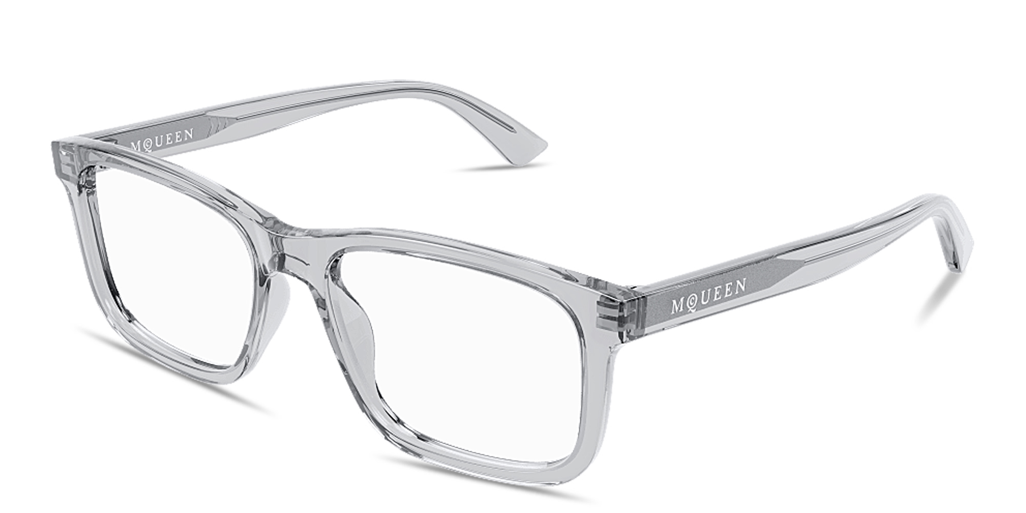 Shop Alexander McQueen Logo Signature Rectangle Eyeglasses in Transparent Light Blue online.
