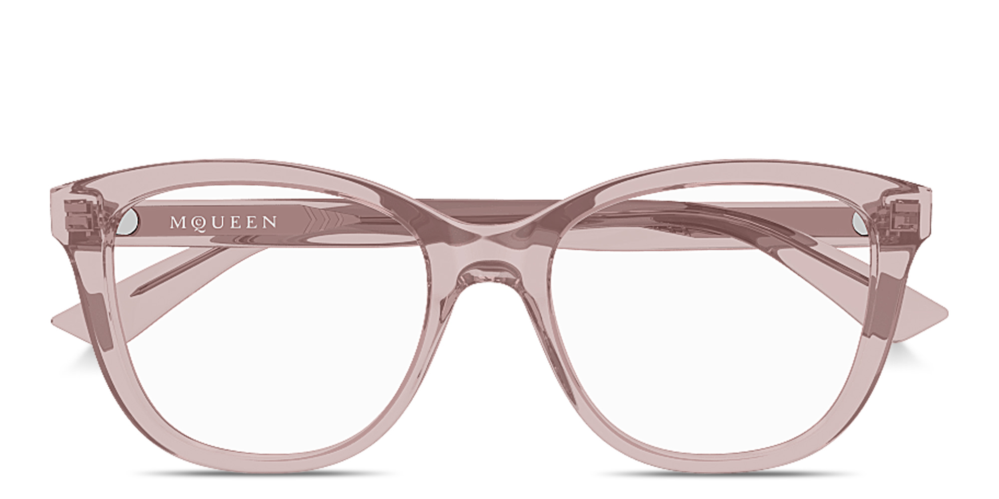 Shop Alexander McQueen Logo Lettering Cat-Eye Eyeglasses in Transparent Red online.