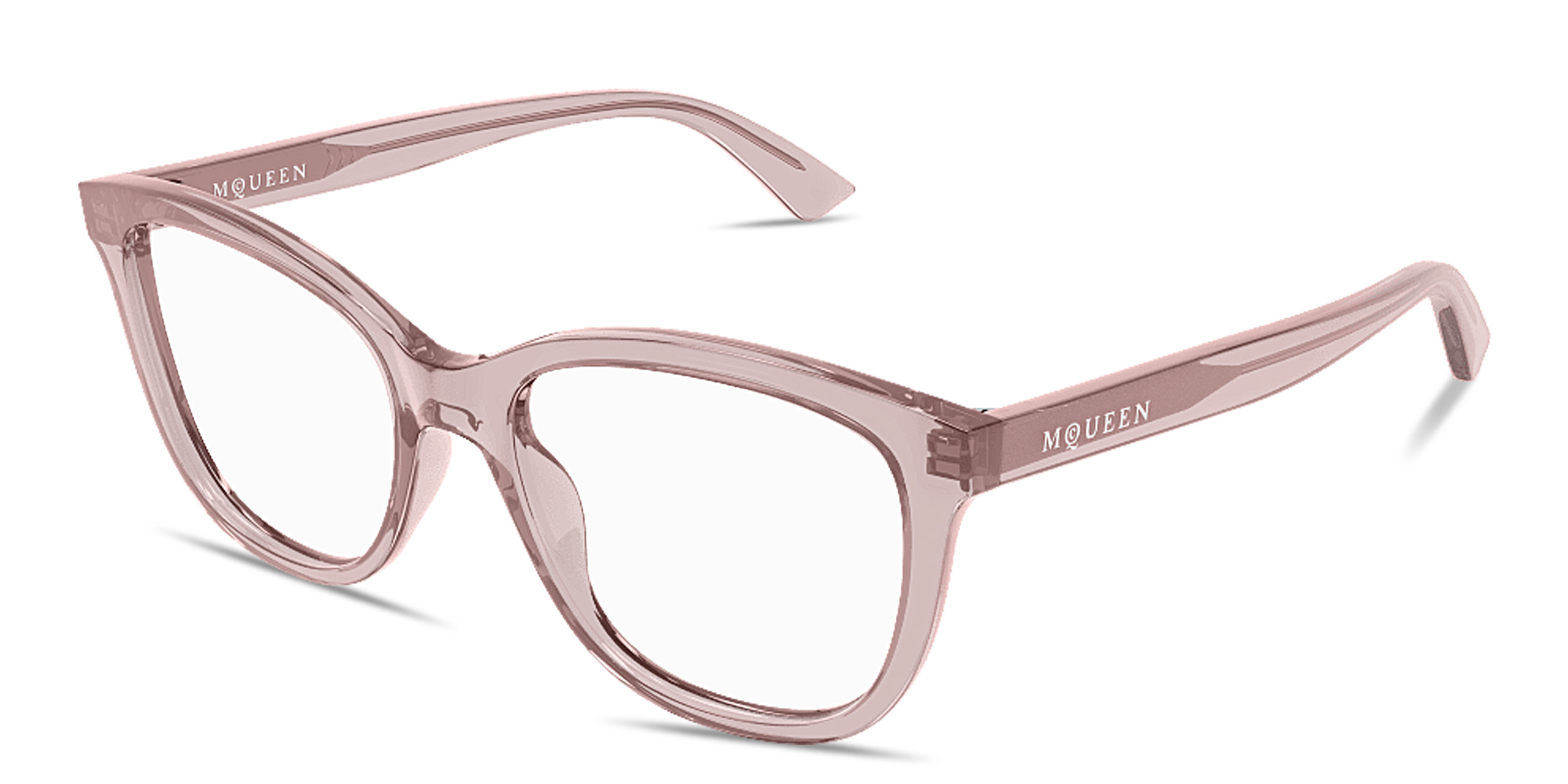 Shop Alexander McQueen Logo Lettering Cat-Eye Eyeglasses in Transparent Red online.