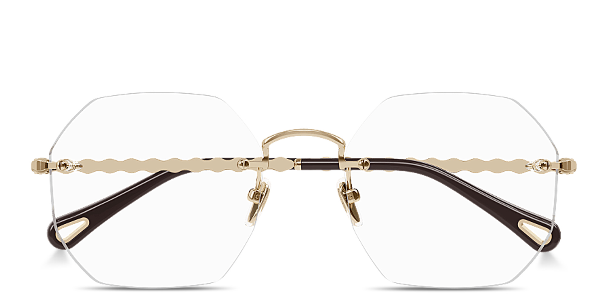 Shop Chloe Scalloped Rimless Irregular Eyeglasses in Gold online.