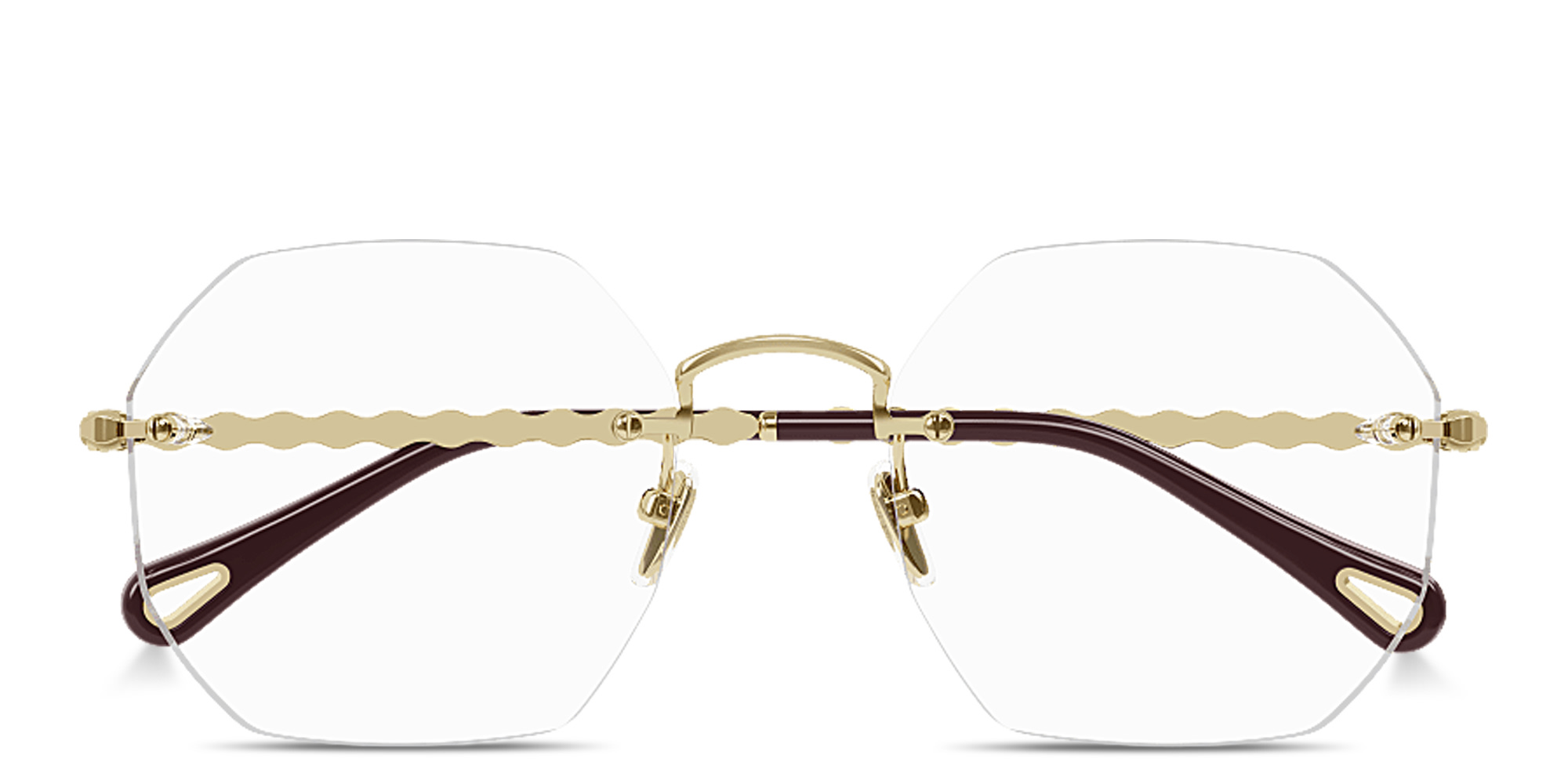 Shop Chloe Scalloped Rimless Irregular Eyeglasses in Polished Gold online.