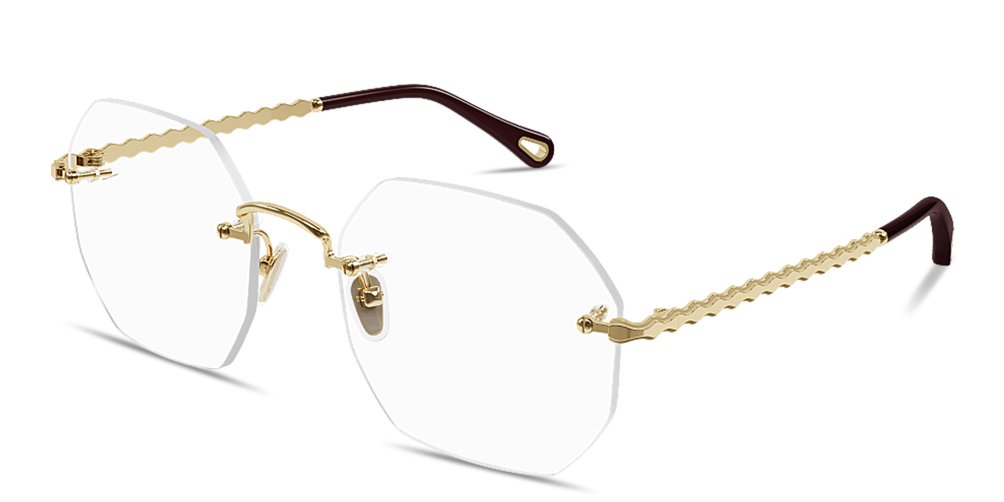 Shop Chloe Scalloped Rimless Irregular Eyeglasses in Polished Gold online.