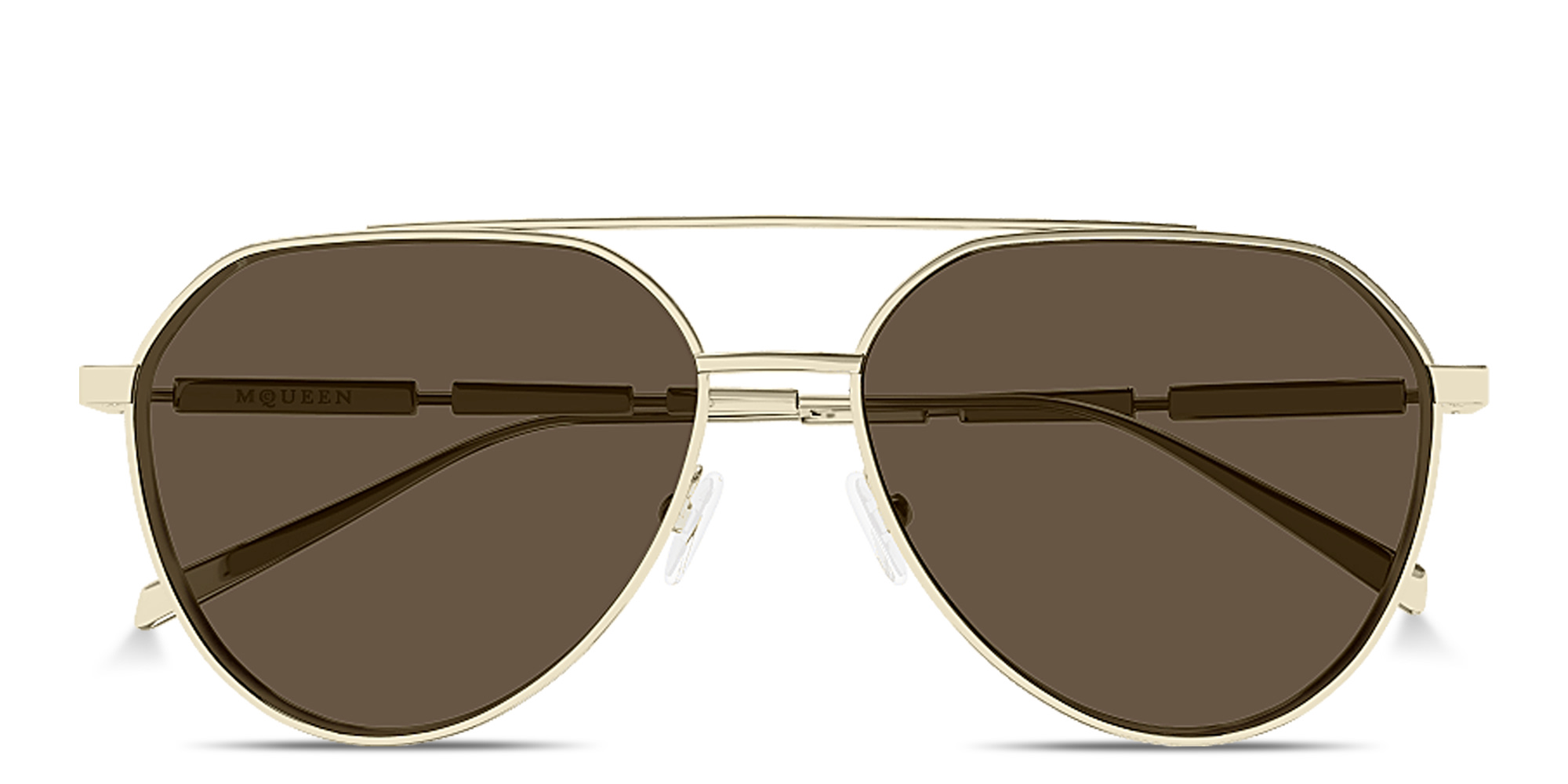Shop Alexander McQueen Engraved Logo Pilot Sunglasses in Gold online.
