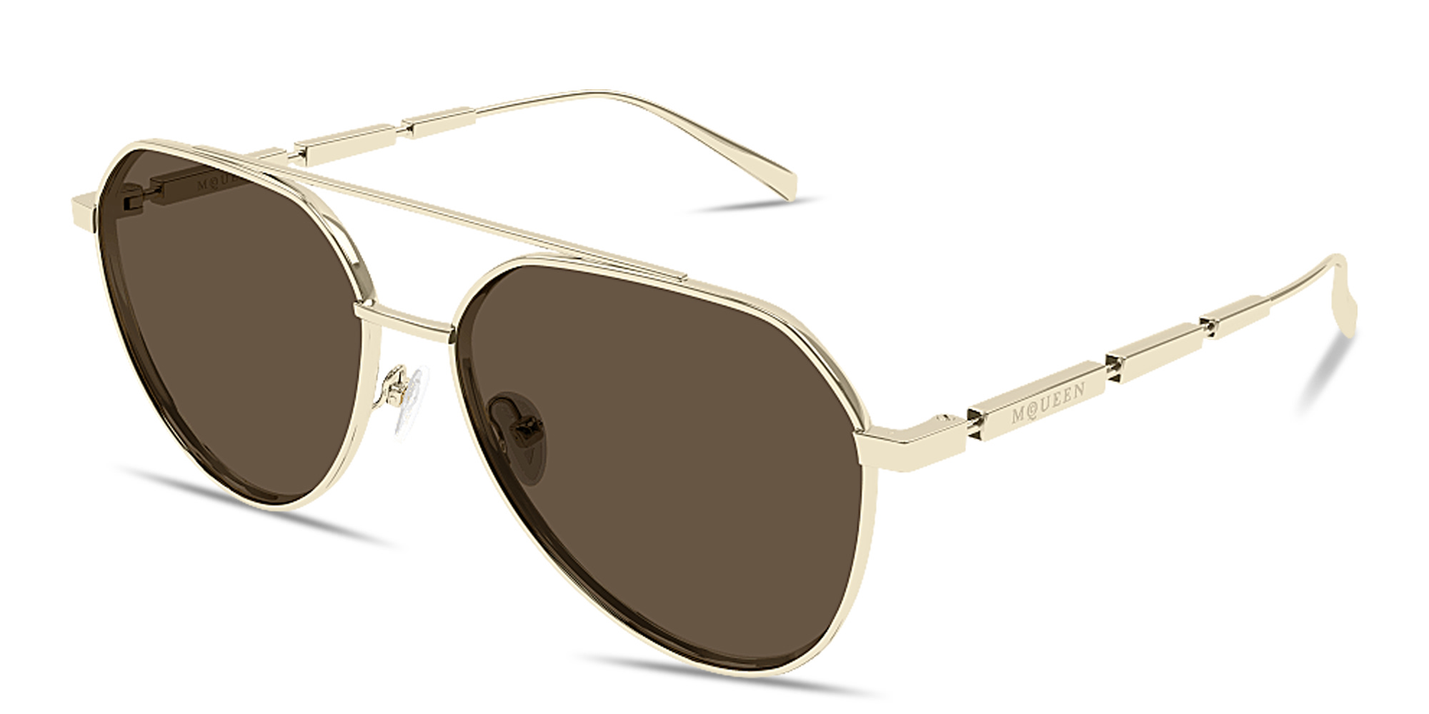 Shop Alexander McQueen Engraved Logo Pilot Sunglasses in Gold online.
