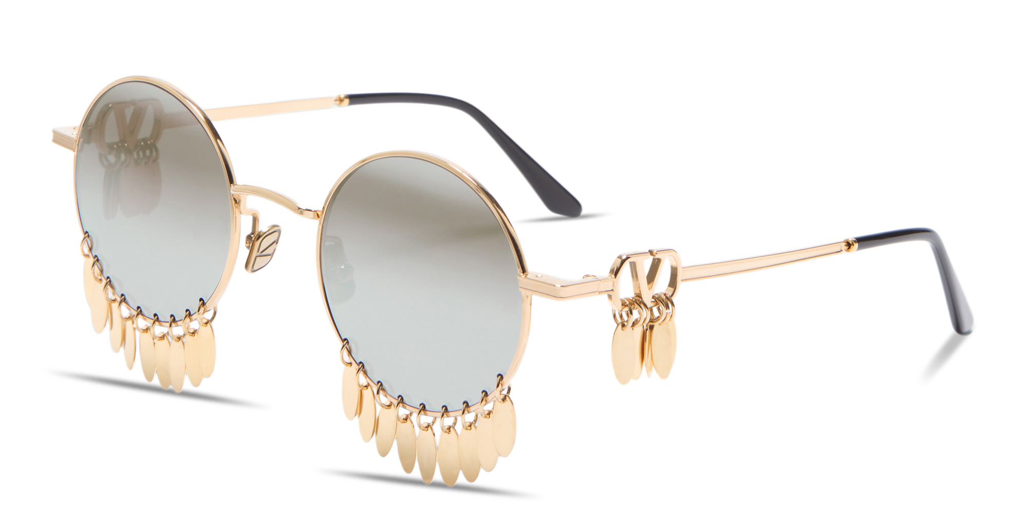 Shop VALENTINO V Logo Round Sunglasses with Dangling Charms in Gold online.