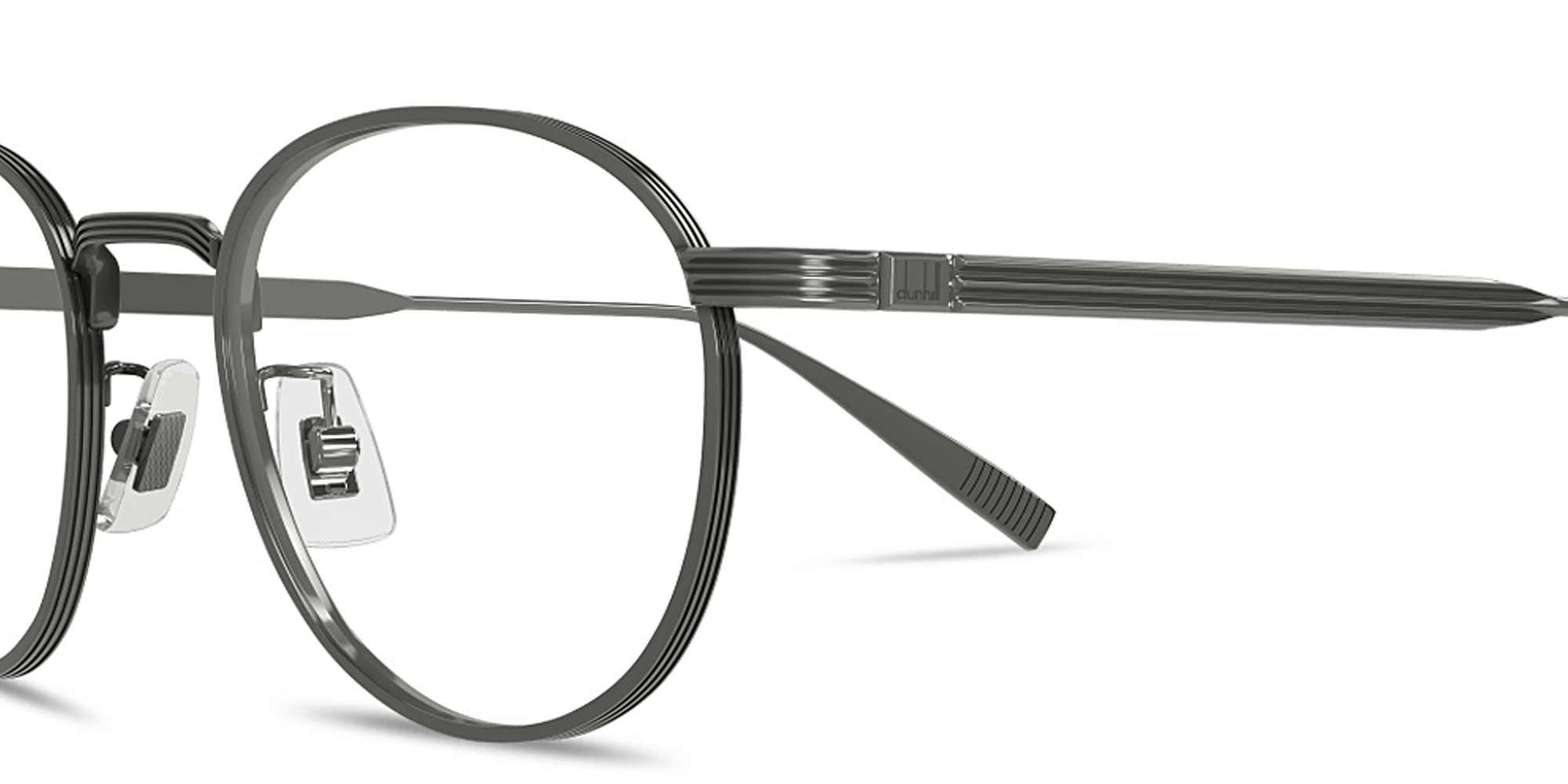 Shop Dunhill Signature Reed Panthos Eyeglasses in Gunmetal online.