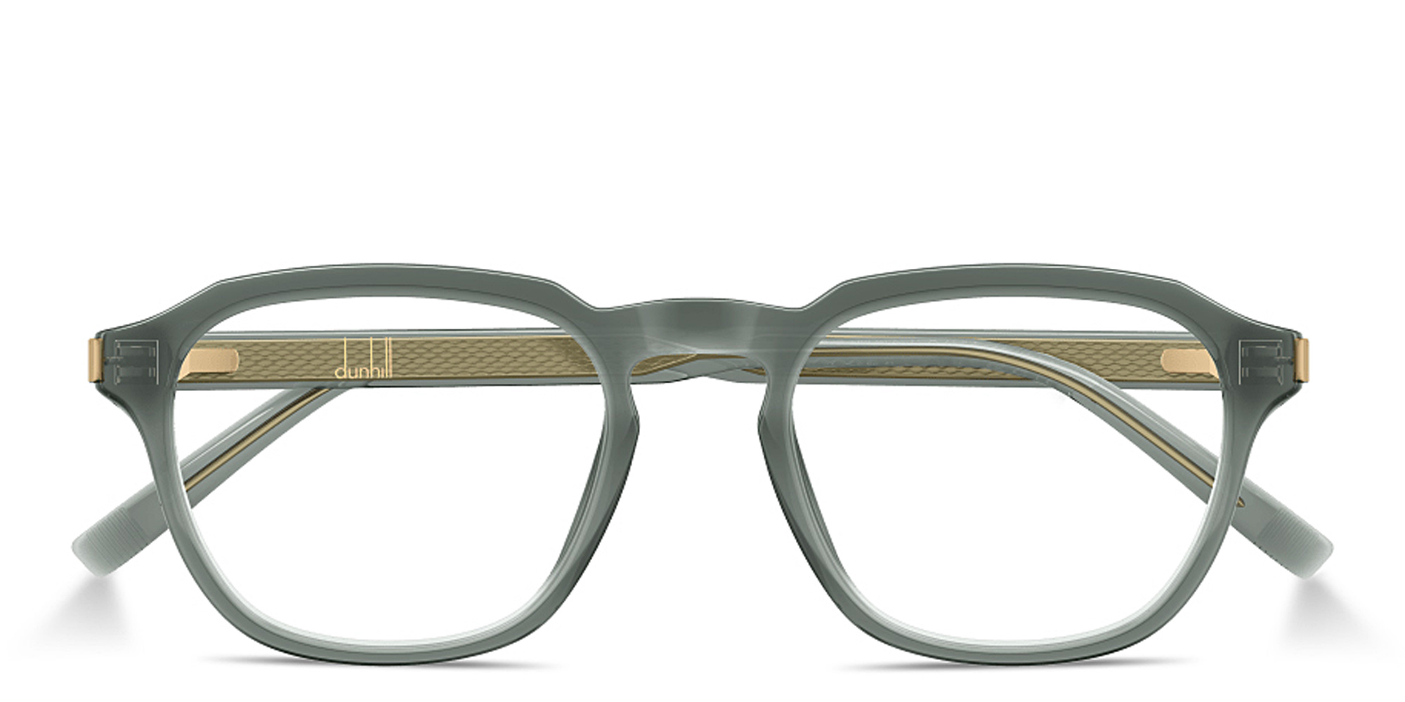 Shop Dunhill Rollagas Acetate Wide Panthos Eyeglasses in Transparent Grey online.