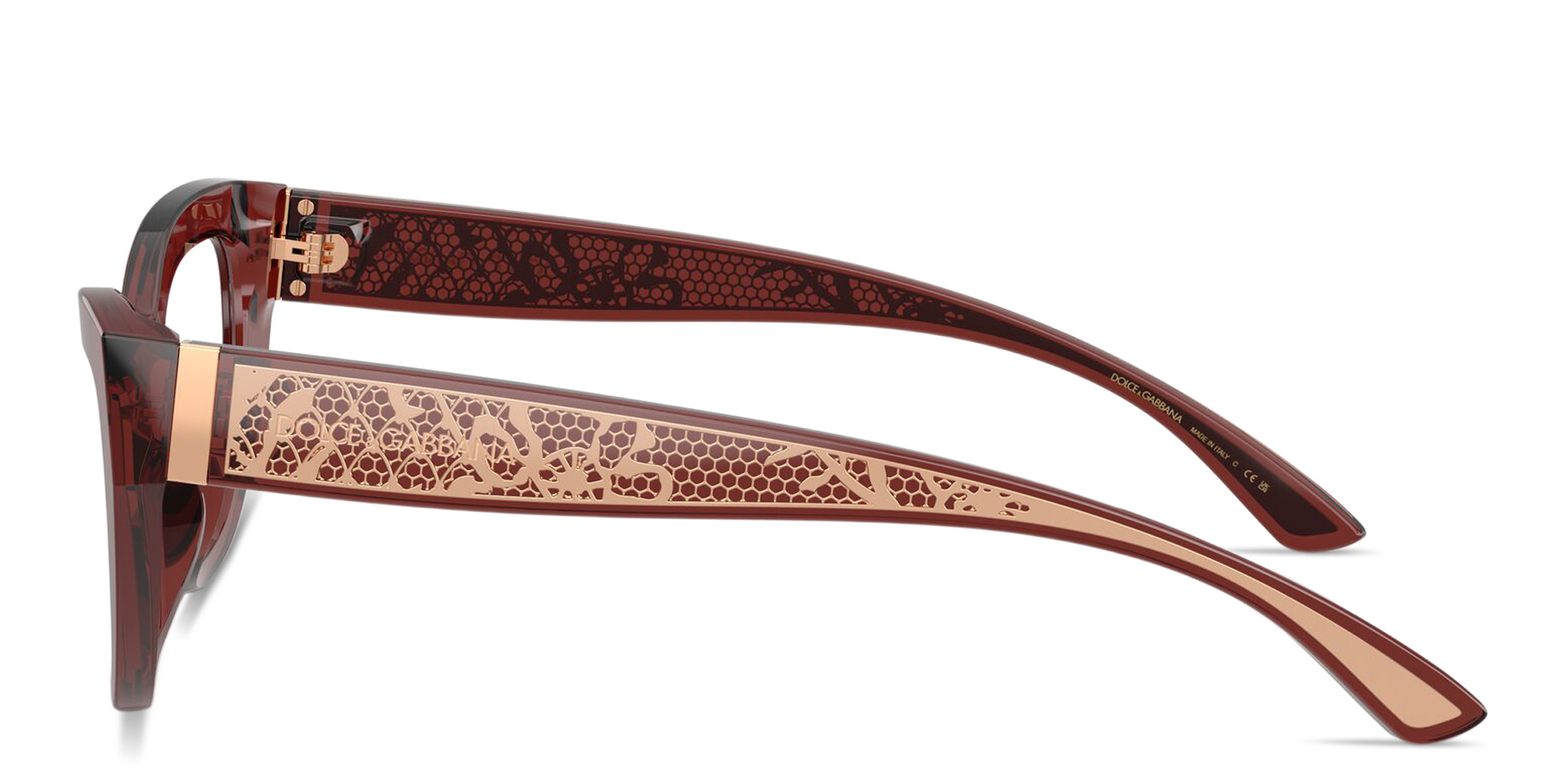 Dolce & Gabbana Logo Lettering Cat-Eye Eyeglasses in Transparent Bordeaux – Product Photo 3