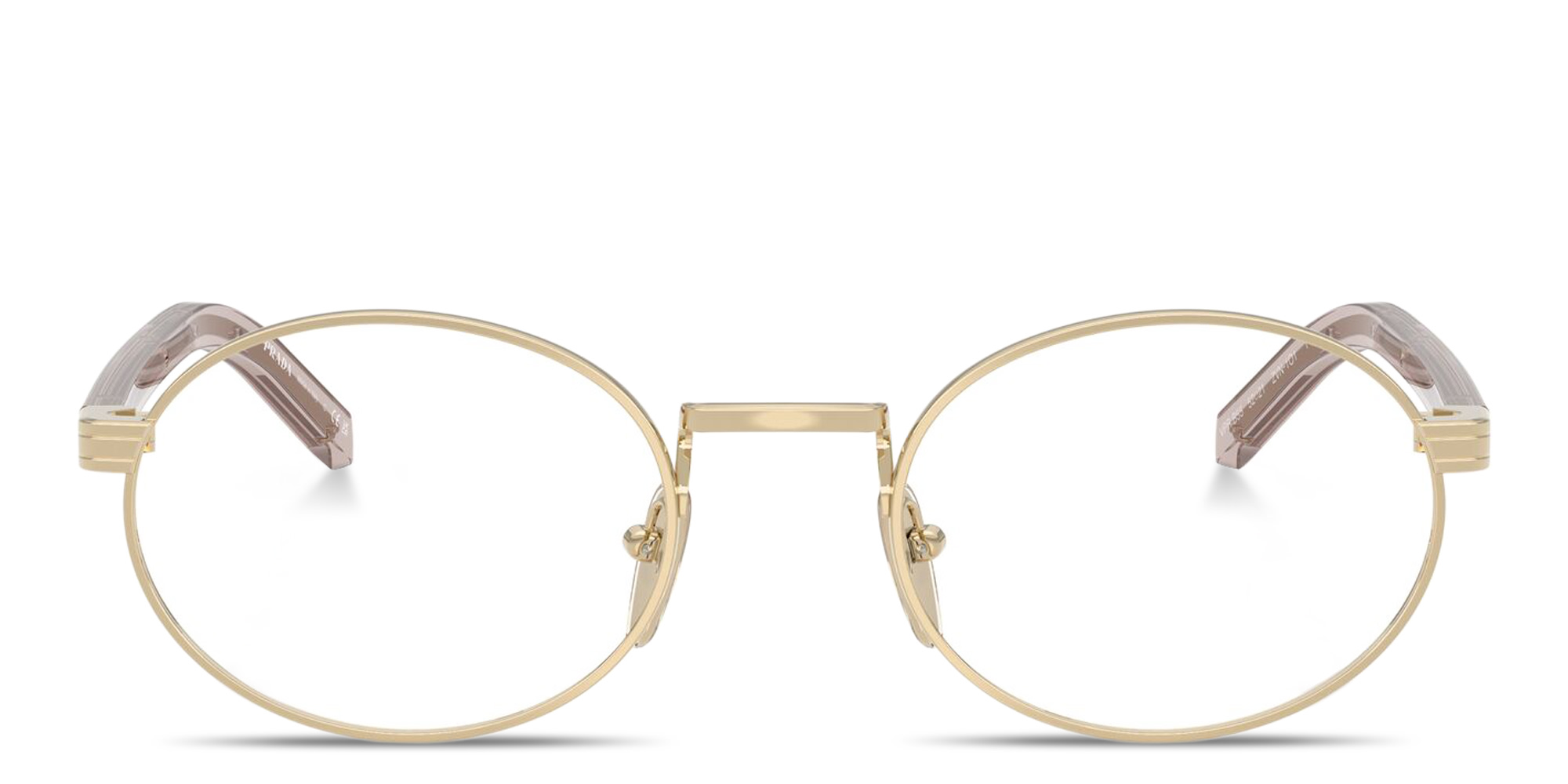 Shop PRADA Logo Lettering Oval Eyeglasses in Polished Gold online.