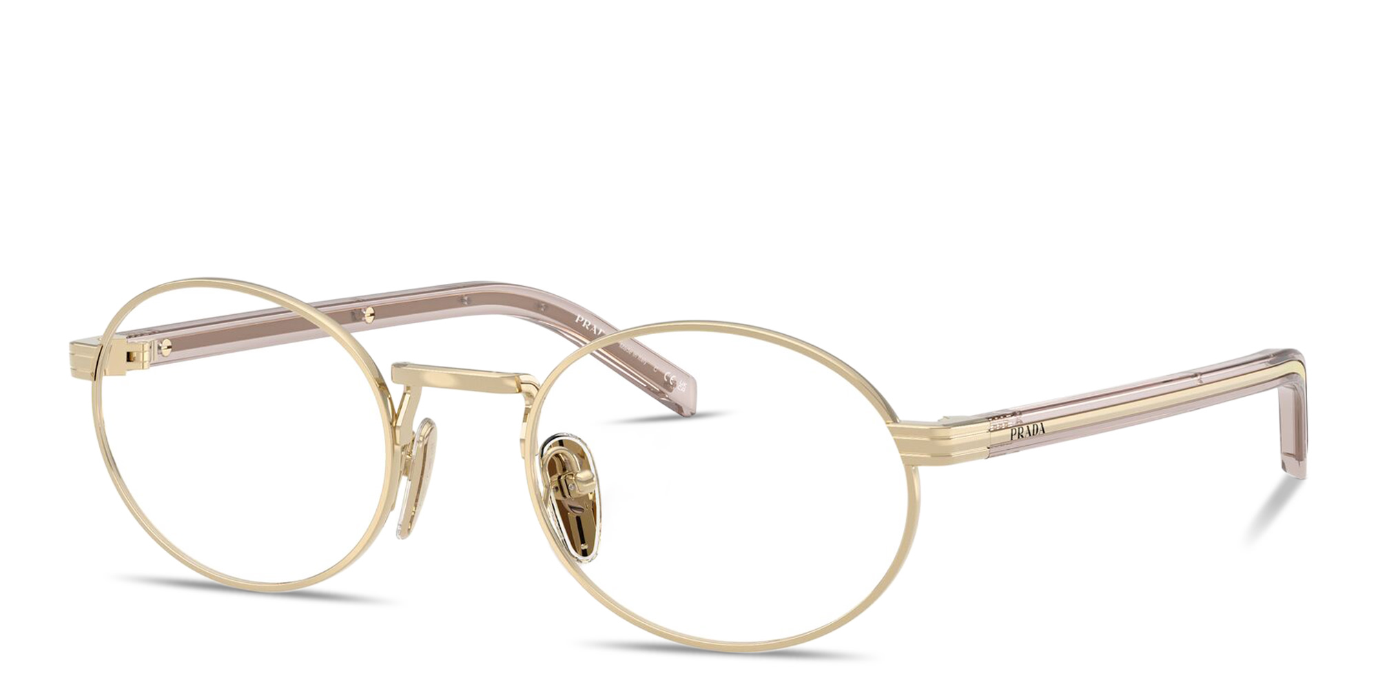 Shop PRADA Logo Lettering Oval Eyeglasses in Polished Gold online.
