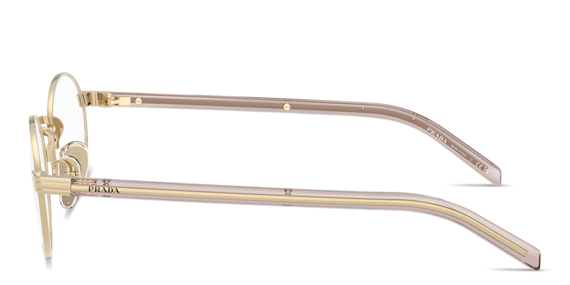 Shop PRADA Logo Lettering Oval Eyeglasses in Polished Gold online.