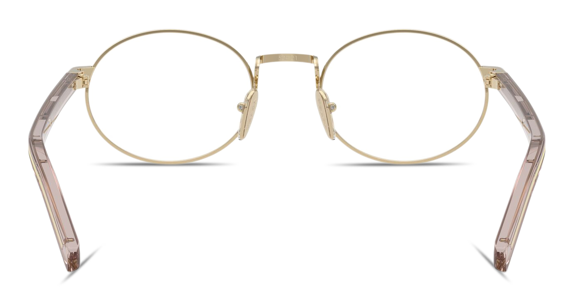 Shop PRADA Logo Lettering Oval Eyeglasses in Polished Gold online.