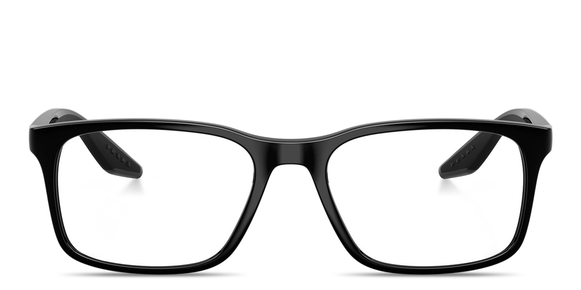 Shop Prada Linea Rossa Logo Lettering Square Eyeglasses in Black online.