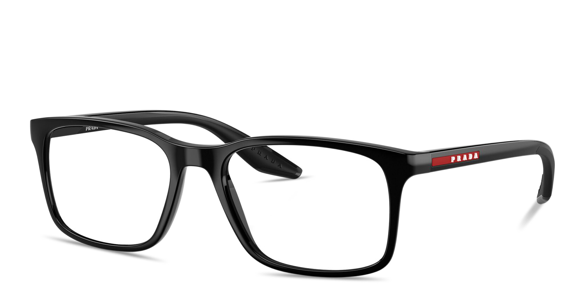 Shop Prada Linea Rossa Logo Lettering Square Eyeglasses in Black online.