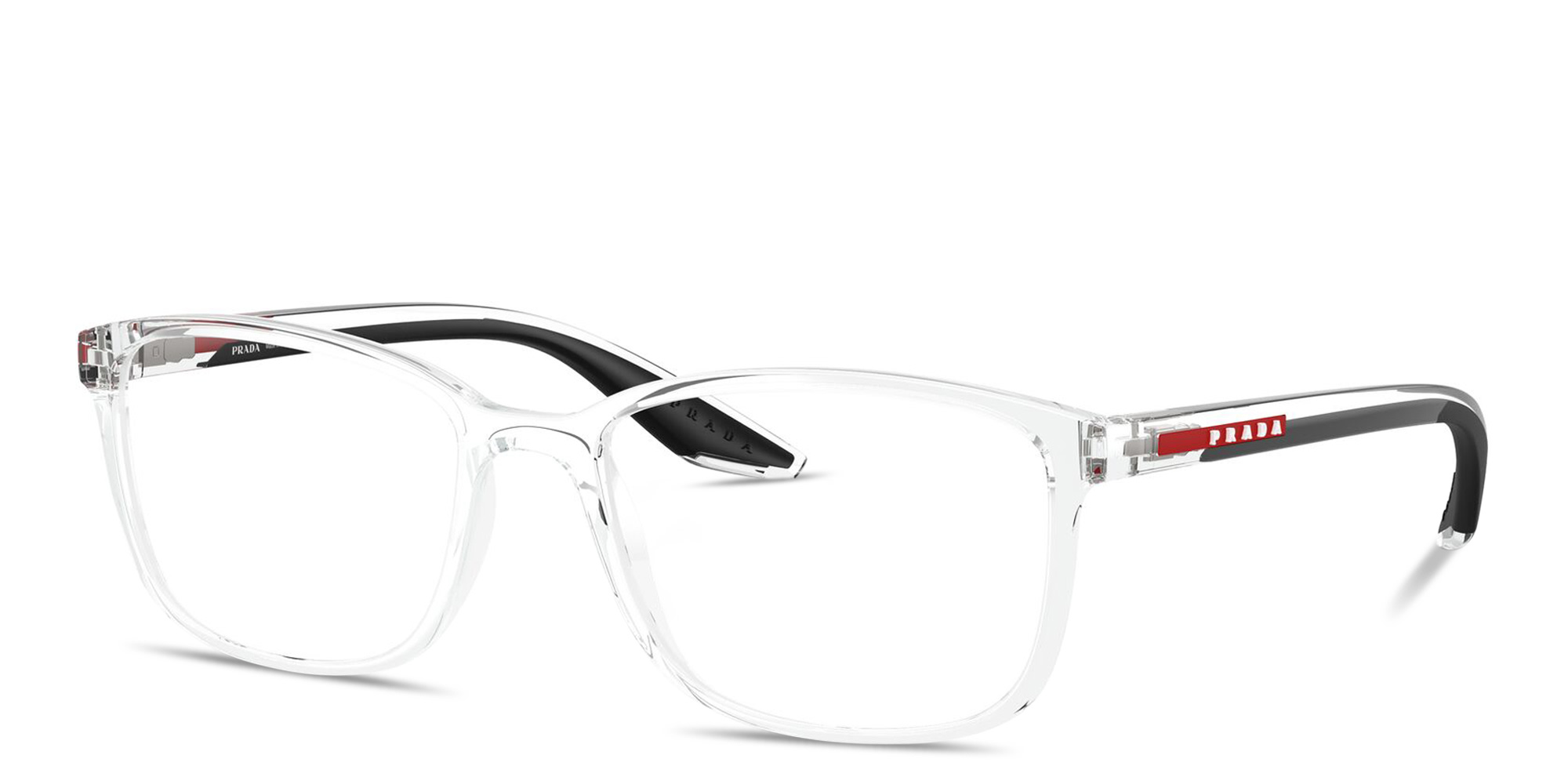 Shop Prada Linea Rossa Logo Signature Wide Pillow Eyeglasses in Clear online.