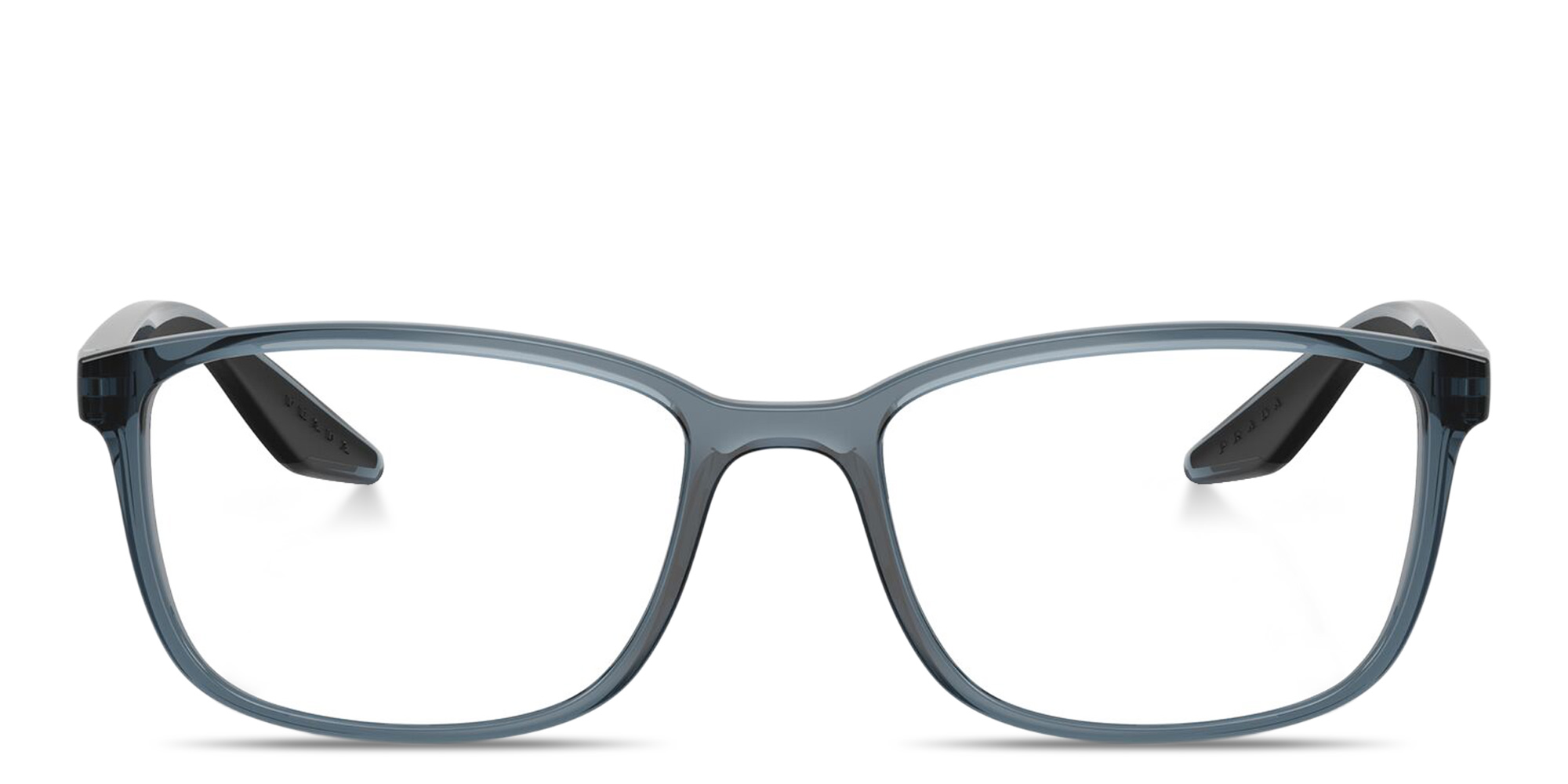 Shop Prada Linea Rossa Logo Signature Wide Pillow Eyeglasses in Transparent Blue online.