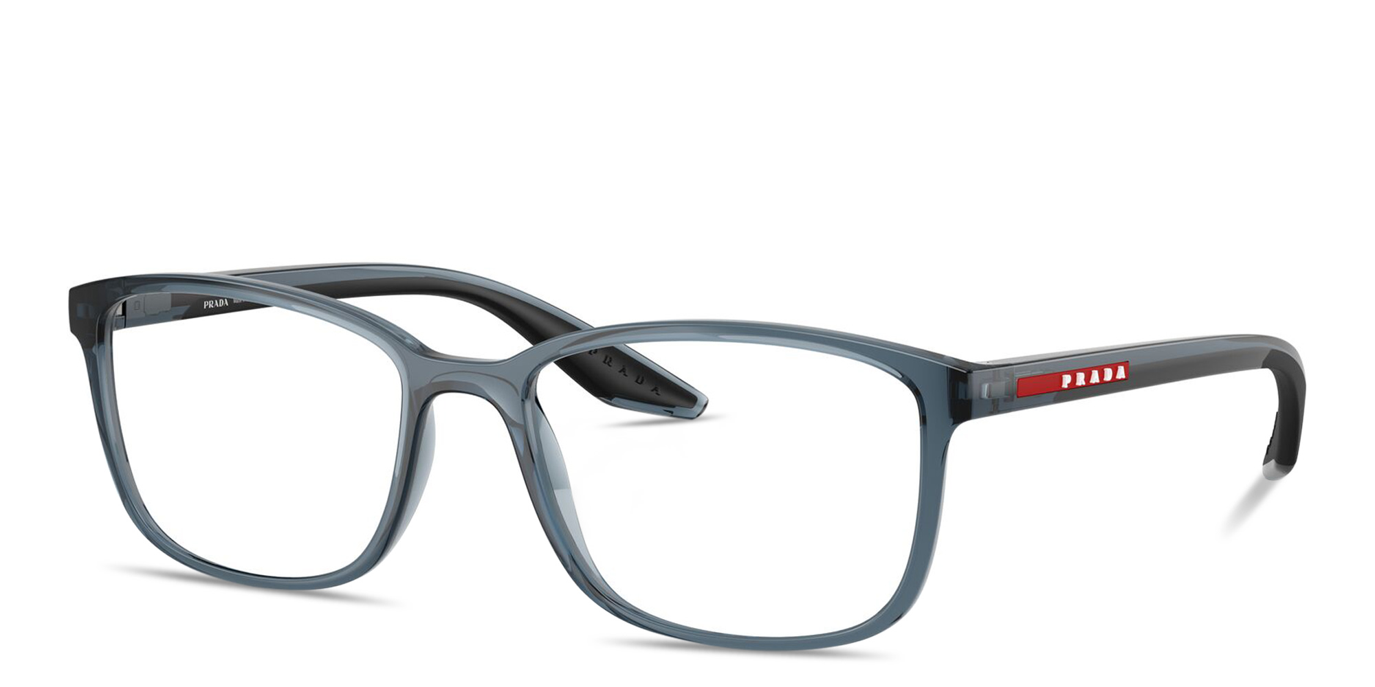 Shop Prada Linea Rossa Logo Signature Wide Pillow Eyeglasses in Transparent Blue online.