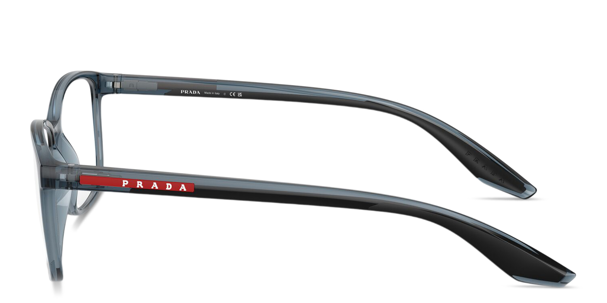 Shop Prada Linea Rossa Logo Signature Wide Pillow Eyeglasses in Transparent Blue online.
