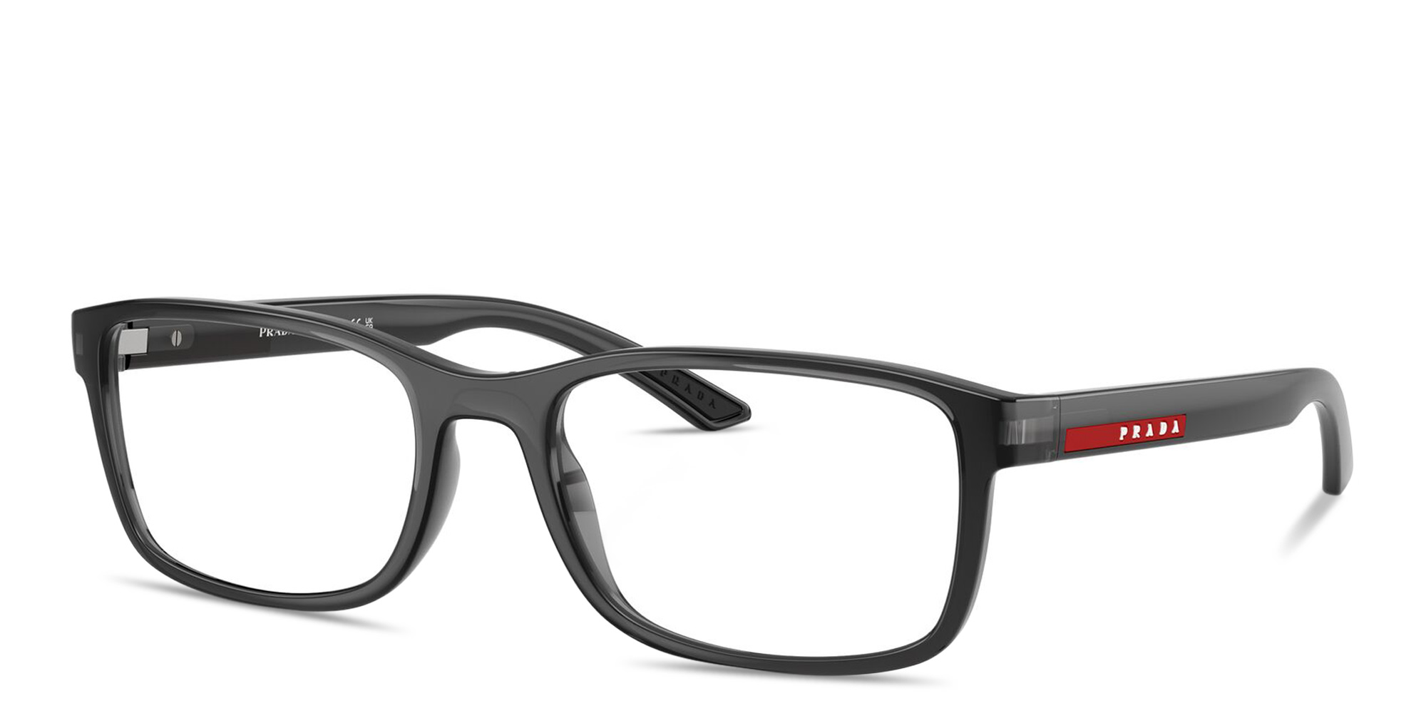 Shop Prada Linea Rossa Logo Signature Wide Pillow Eyeglasses in Transparent Grey online.