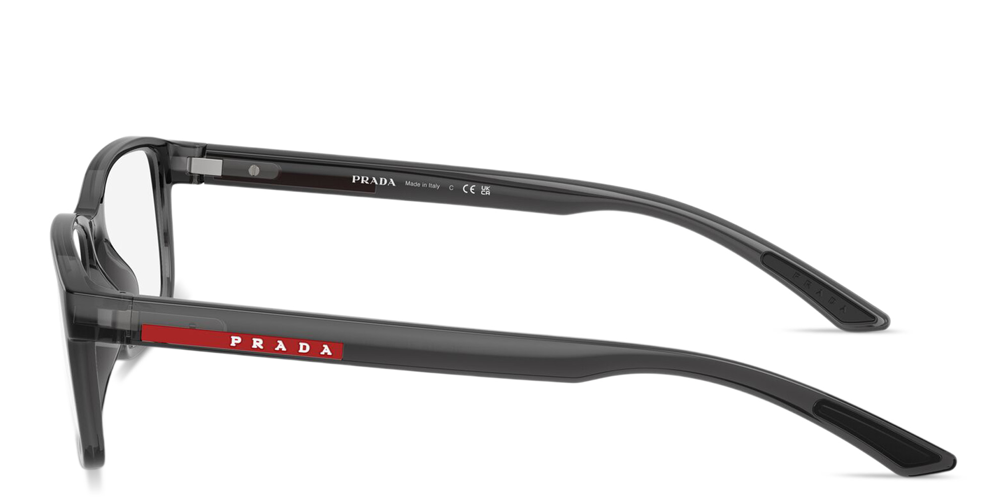 Shop Prada Linea Rossa Logo Signature Wide Pillow Eyeglasses in Transparent Grey online.