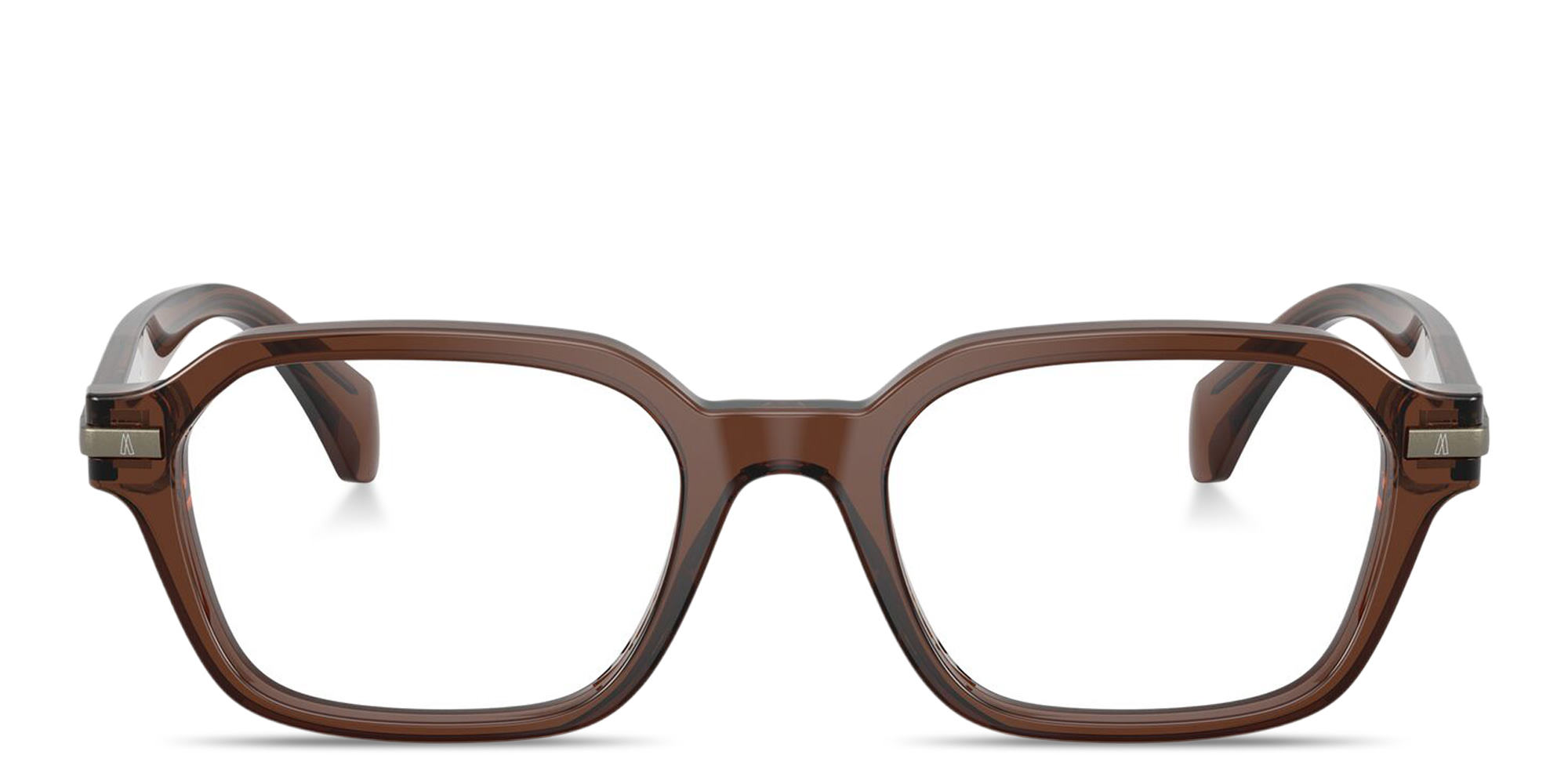 Shop Moncler Logo Signature Unisex Irregular Eyeglasses in Shiny Opal Brown online.