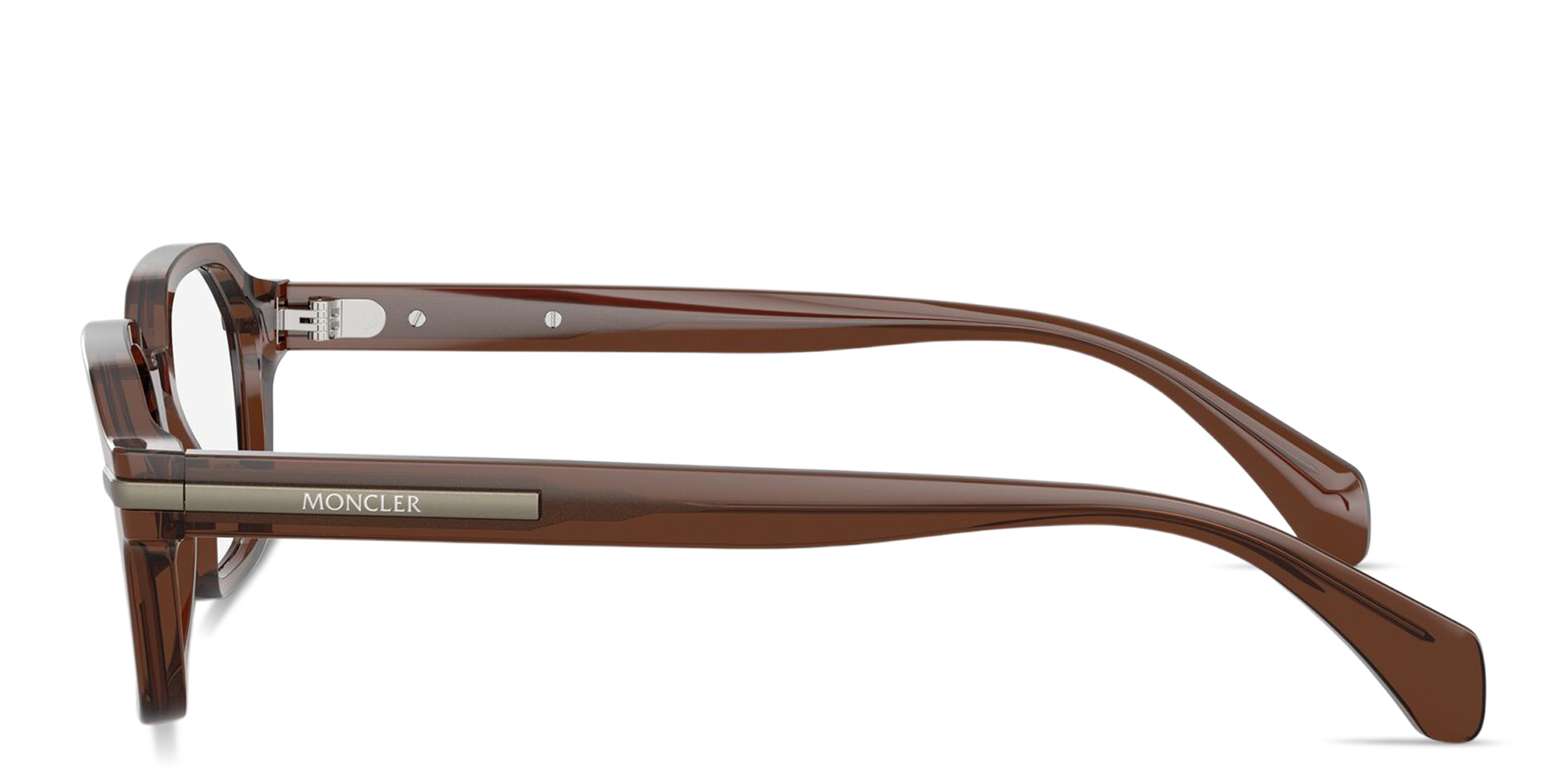 Shop Moncler Logo Signature Unisex Irregular Eyeglasses in Shiny Opal Brown online.